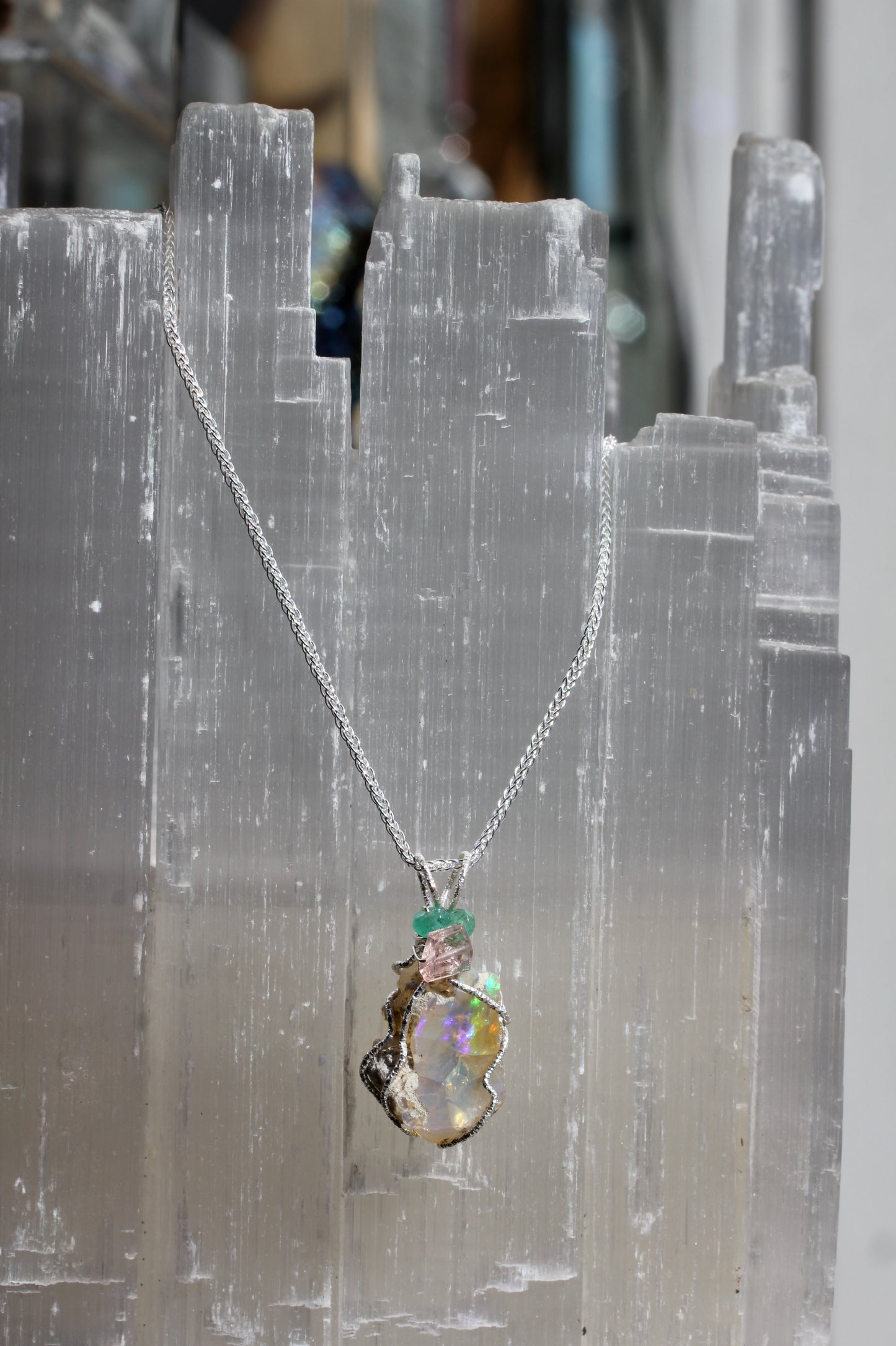 Rough Opal Tourmaline Emerald Pendant