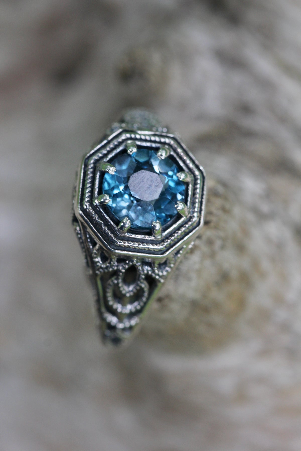 London Blue Topaz Filigree Ring