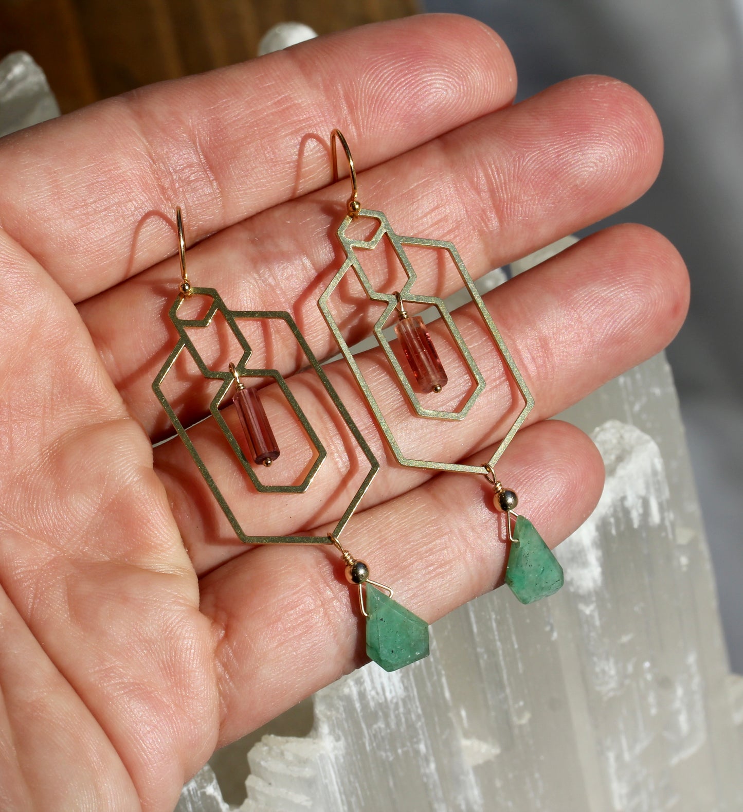 Emerald Tourmaline Window Frame Earrings