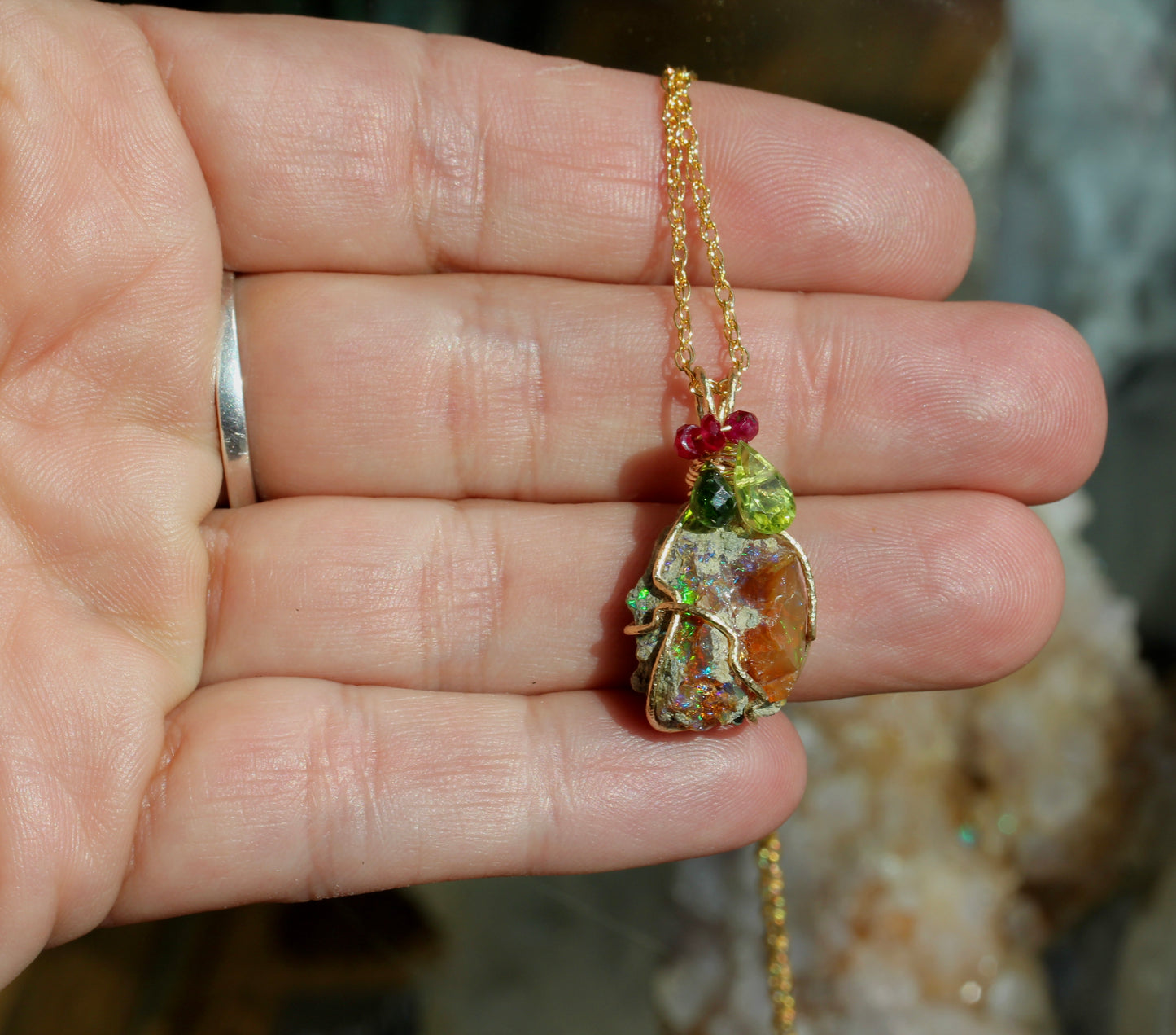Rough Opal with Diopside, Peridot and Ruby Pendant