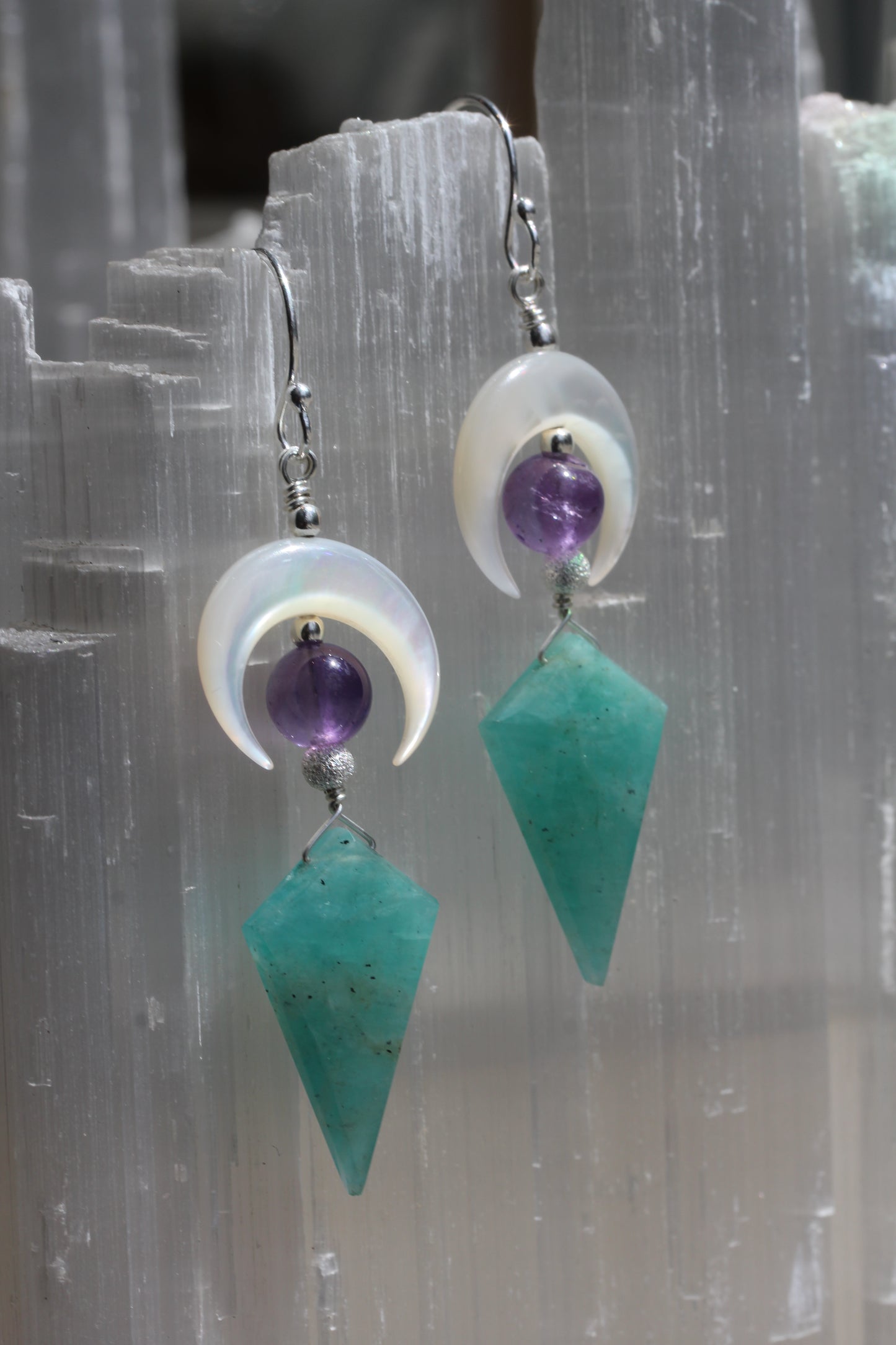 Amazonite Amethyst Mother of Pearl Moon Earrings
