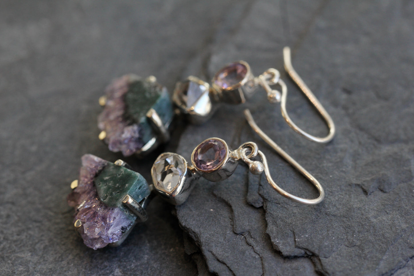 Amethyst Slice Herkimer Diamond Earrings