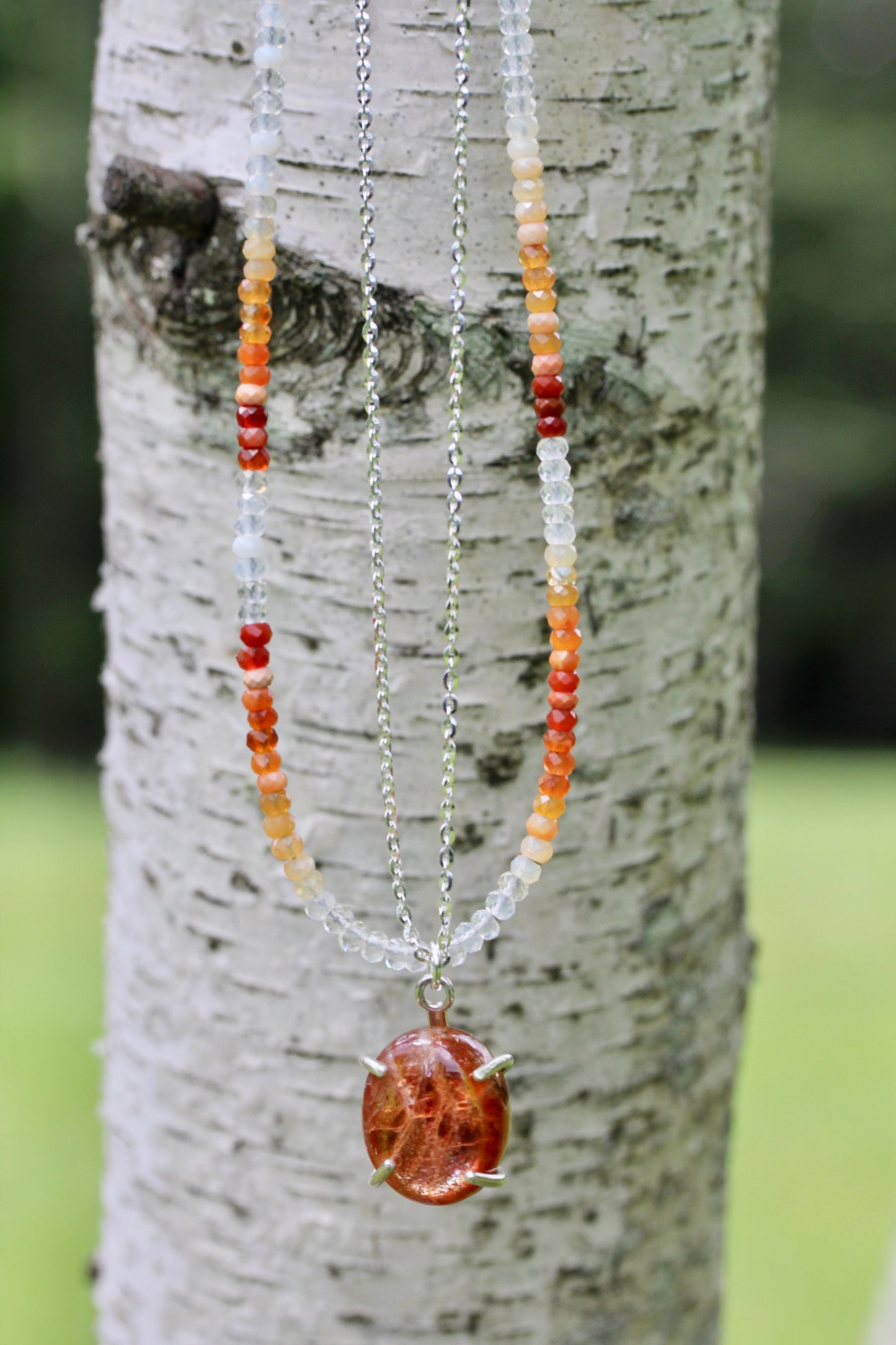 Sunstone Fire Opal Bead Chain Necklace