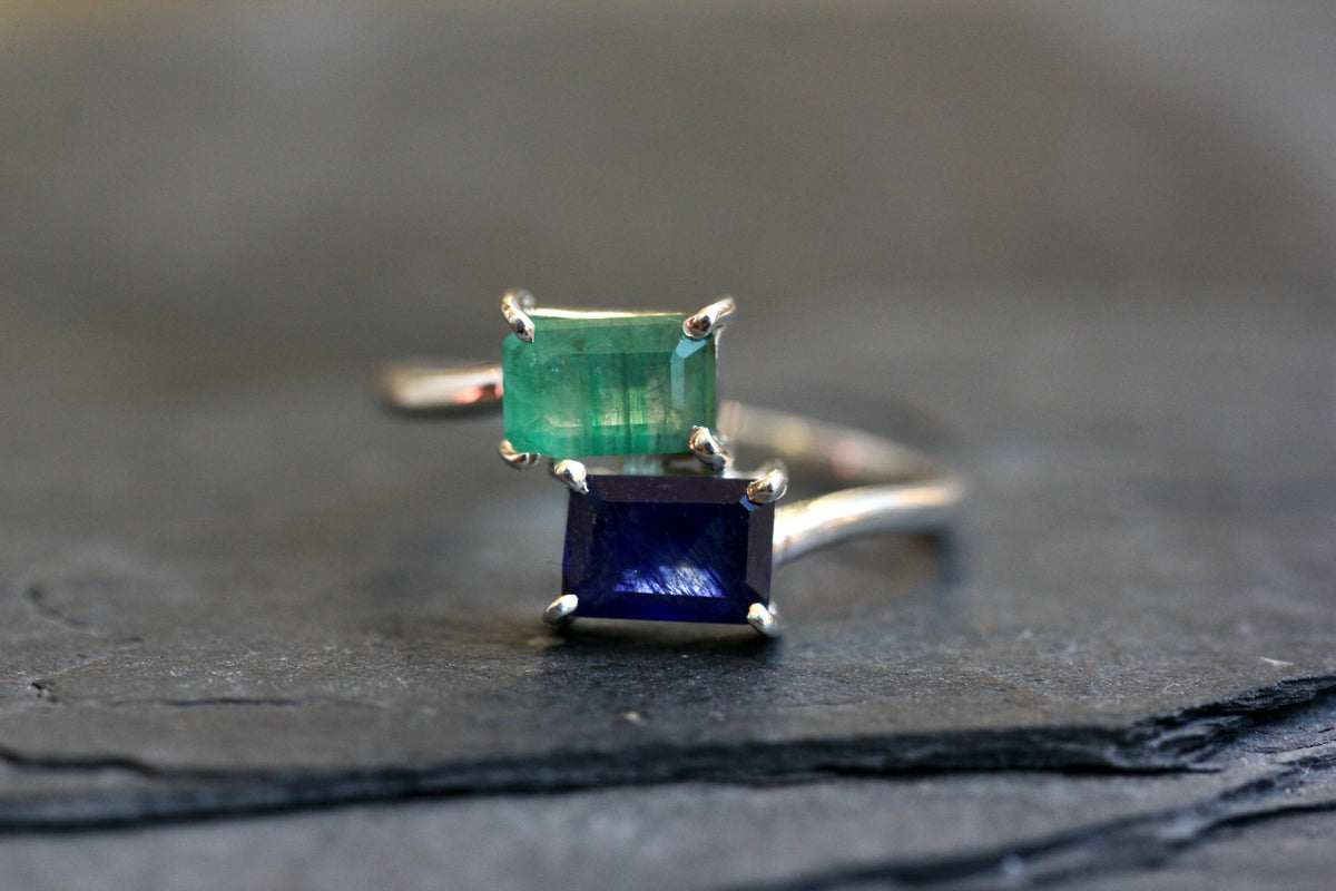 Sapphire Emerald Silver Ring