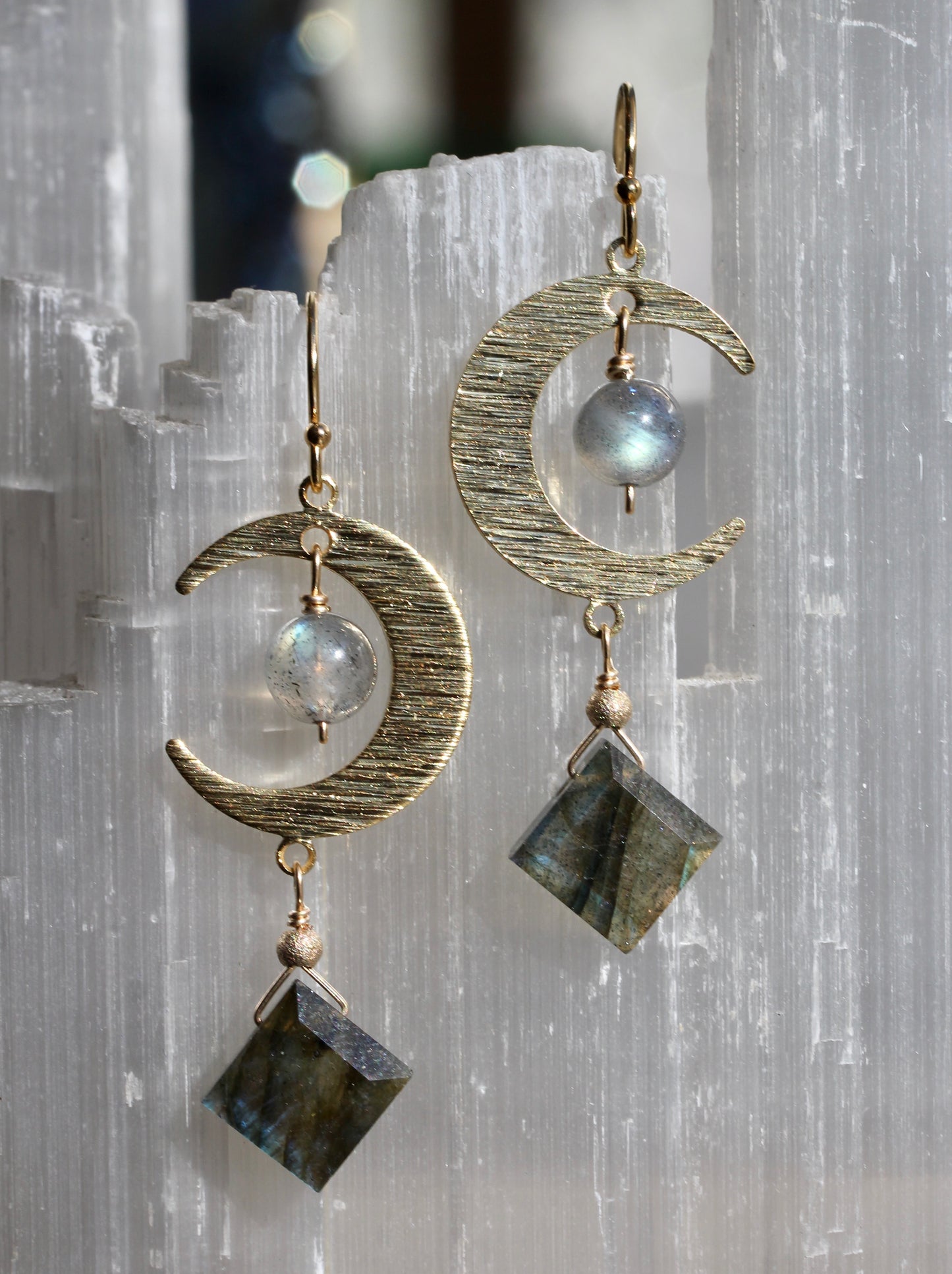Labradorite Brass Moon Earrings