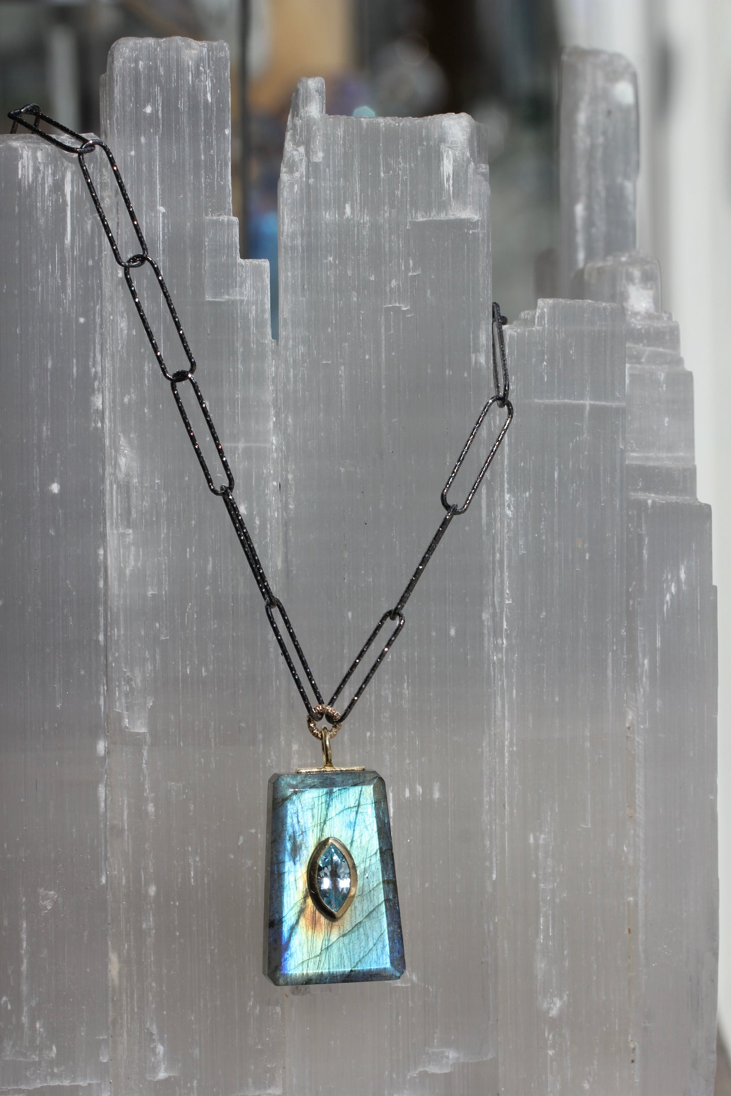 Labradorite Blue Topaz Encrusted Paperclip Chain Necklace