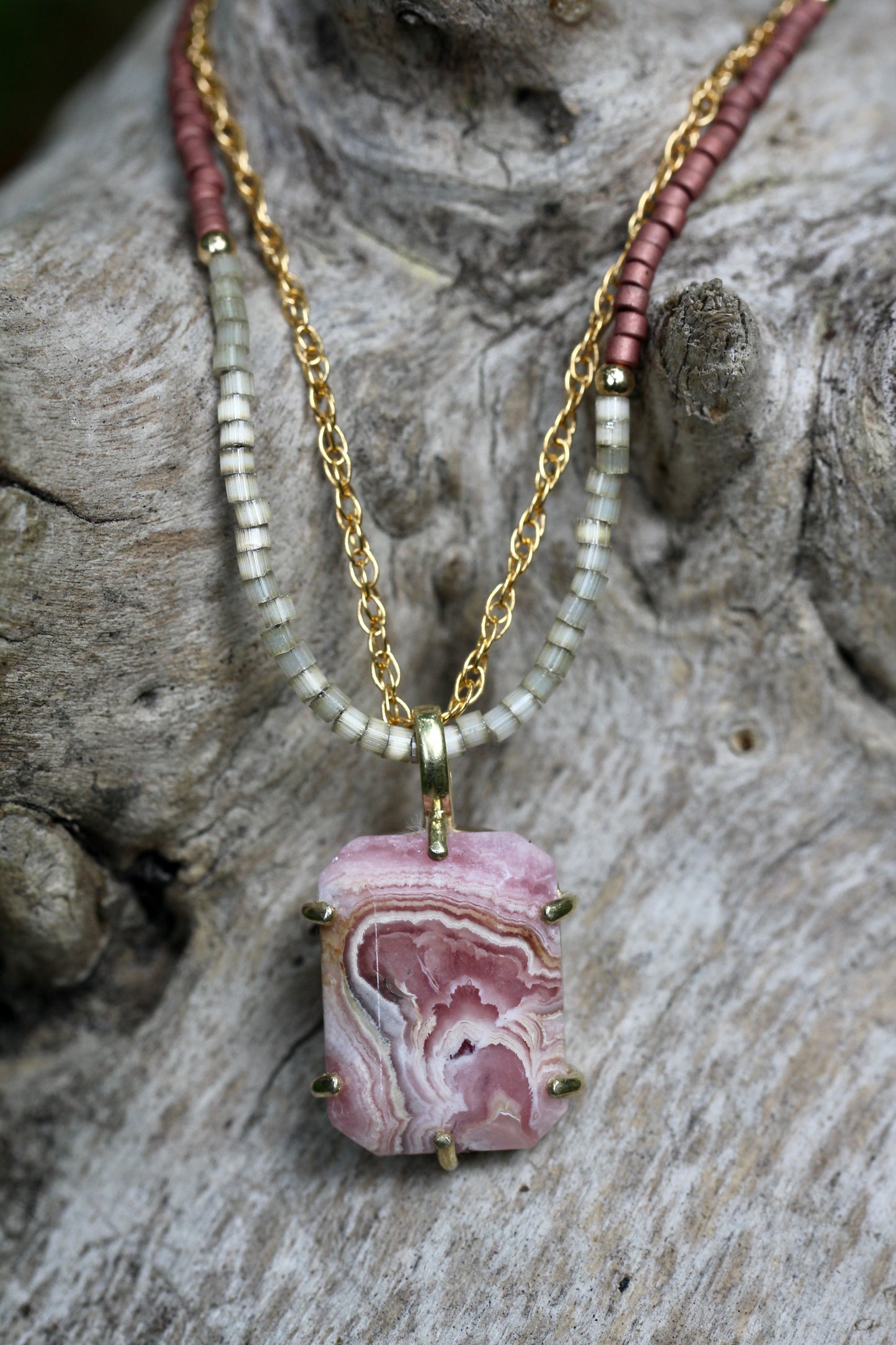 Rhodochrosite Delica Glass Bead Multi Strand Necklace