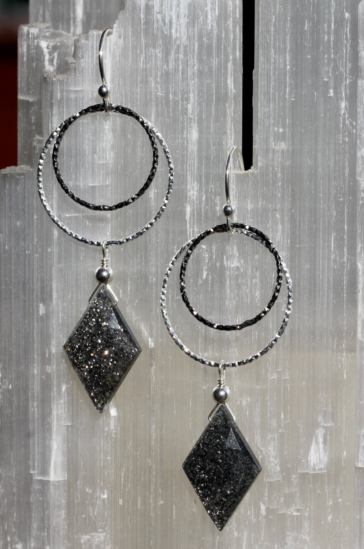 Black Sunstone Diamond Cut Double Ring Drop Earrings