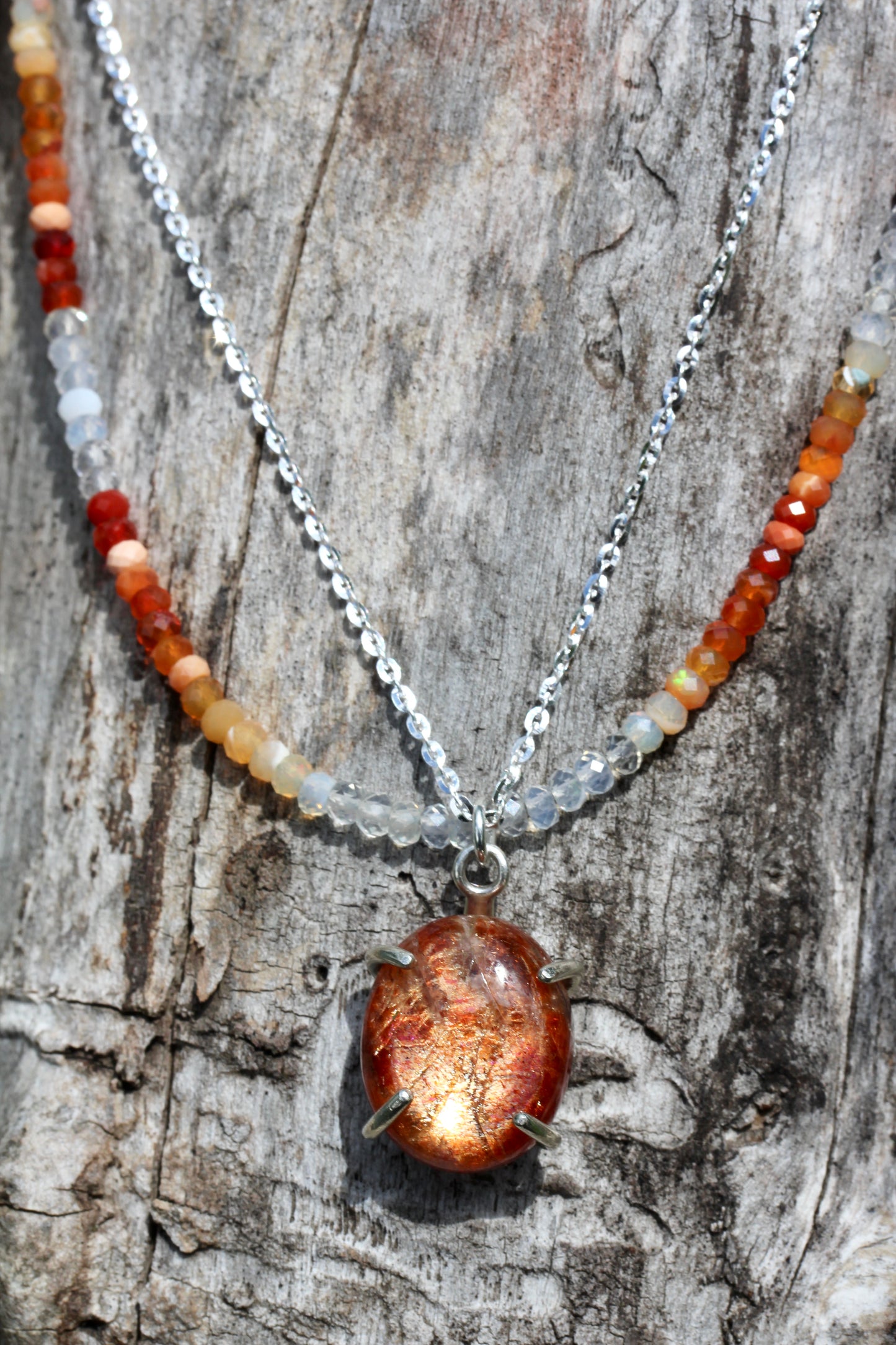 Sunstone Fire Opal Bead Chain Necklace