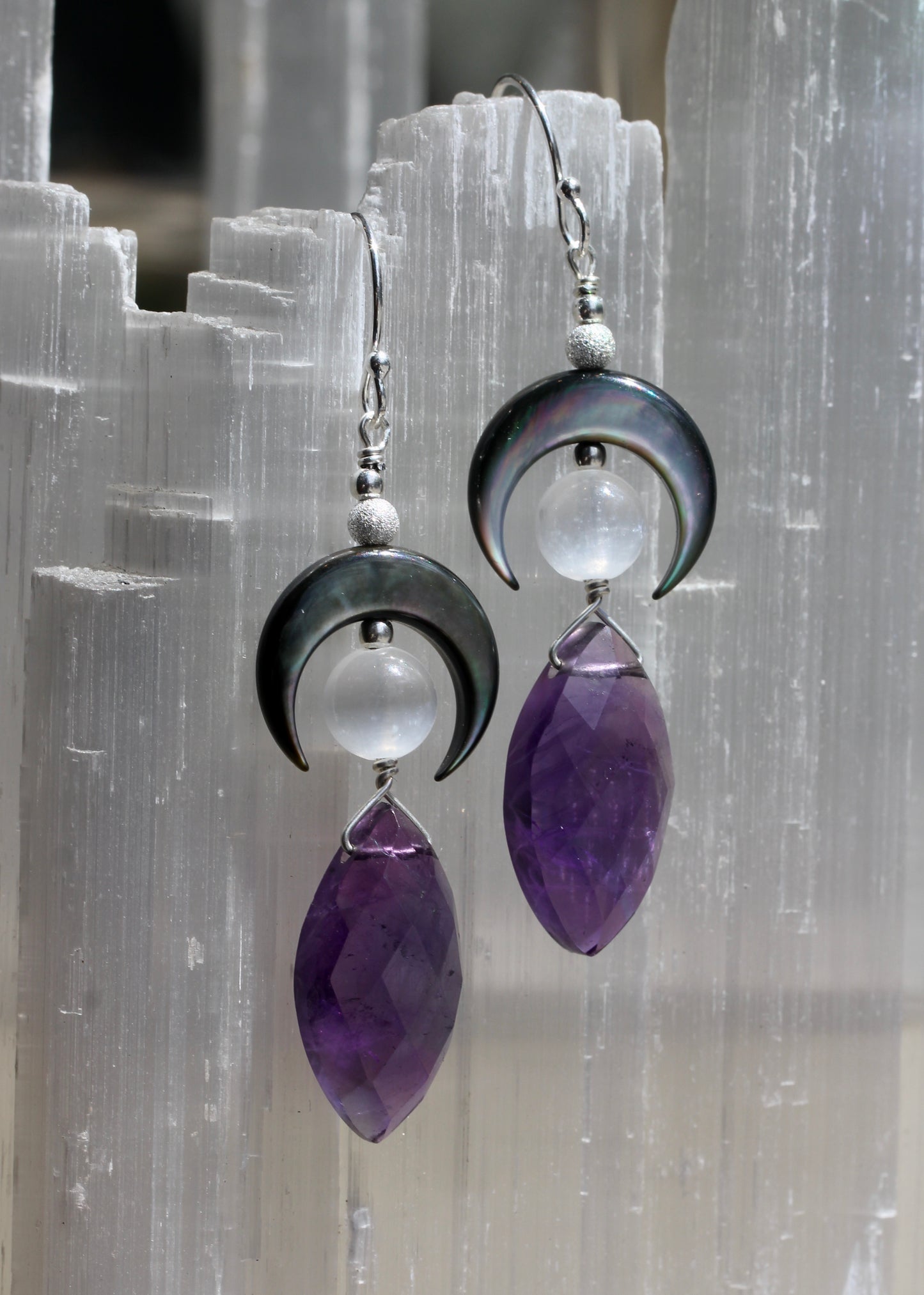 Amethyst Black Mother of Pearl Selenite Crescent Moon Earrings