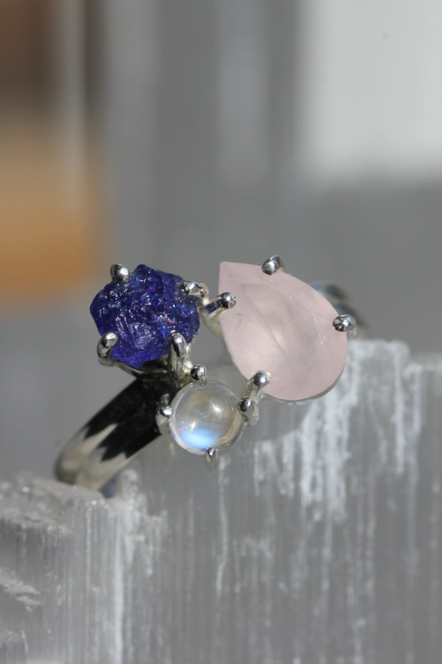 Rose Quartz Tanzanite Rainbow Moonstone Ring