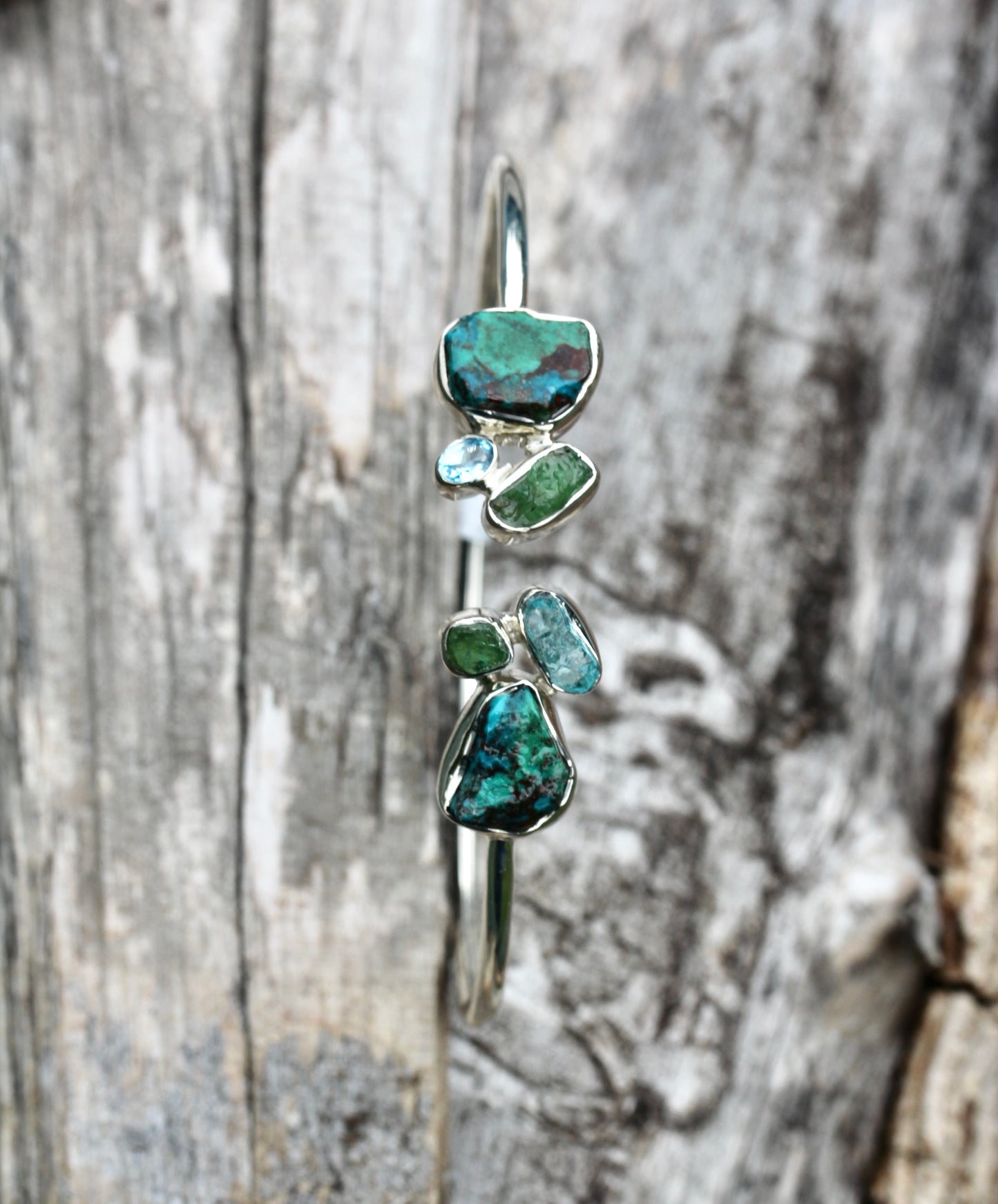 Chrysocolla, Emerald, Blue Topaz, Apatite Silver Flex Bracelet