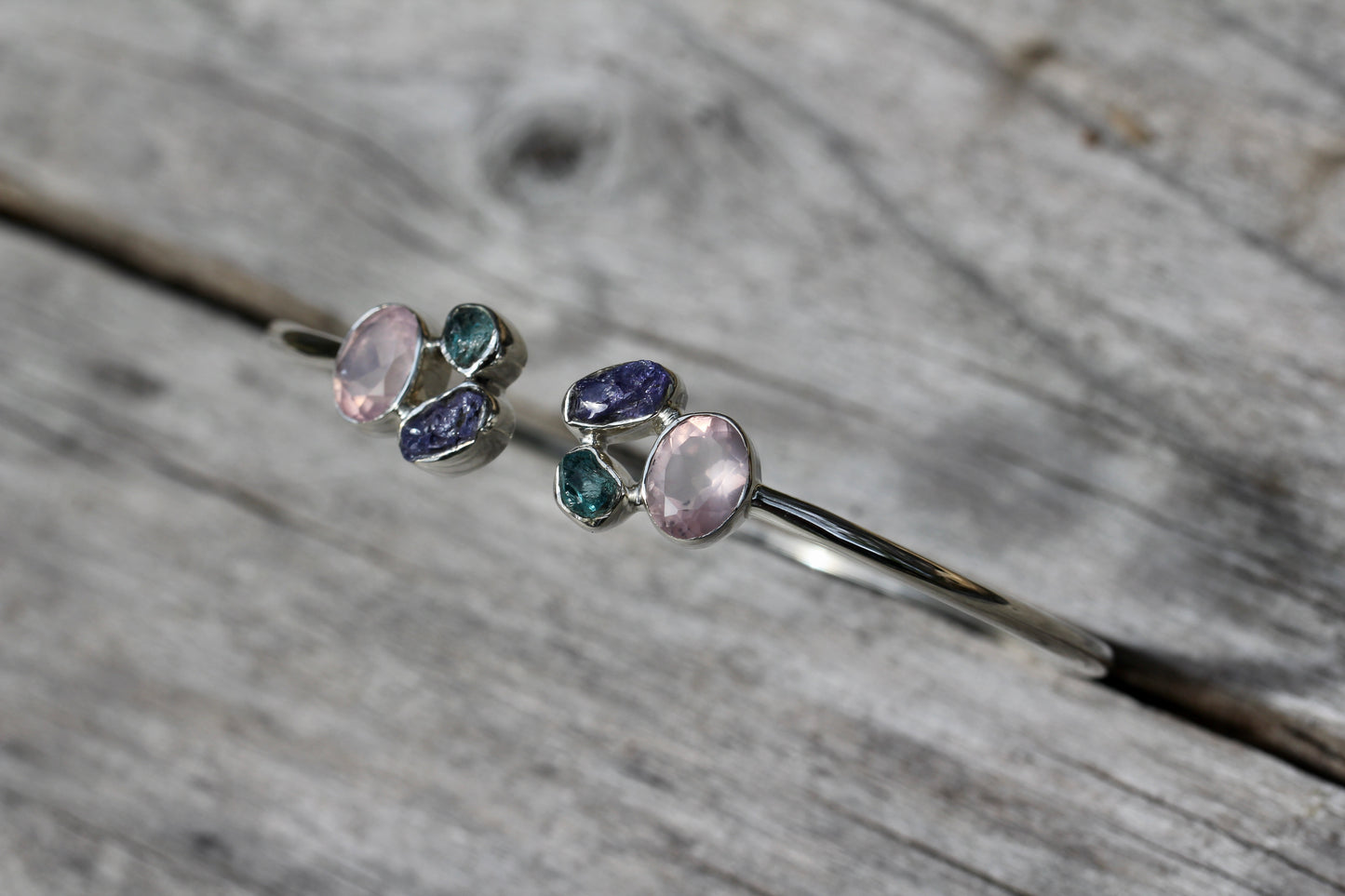 Rose Quartz Tanzanite Apatite Silver Flex Bracelet