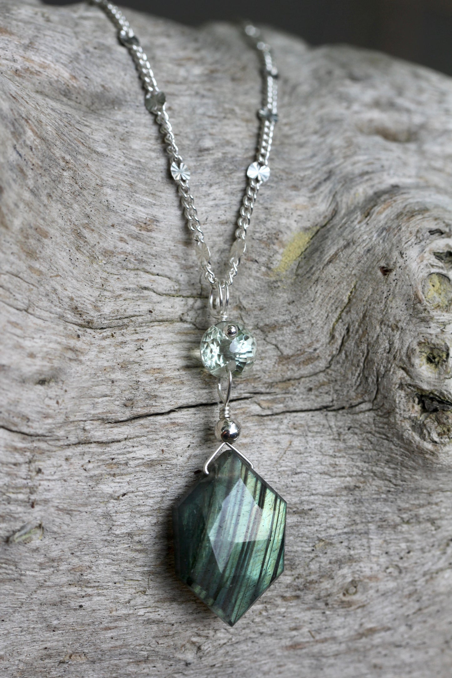 Labradorite Prasiolite Hexagon Drop Necklace