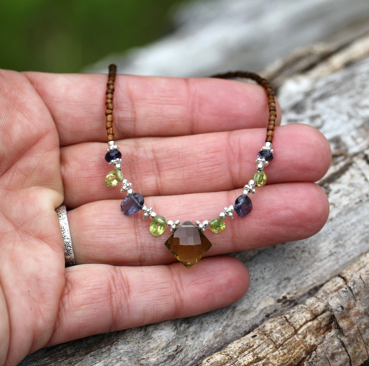 Beer Quartz Peridot Iolite Beaded Necklace