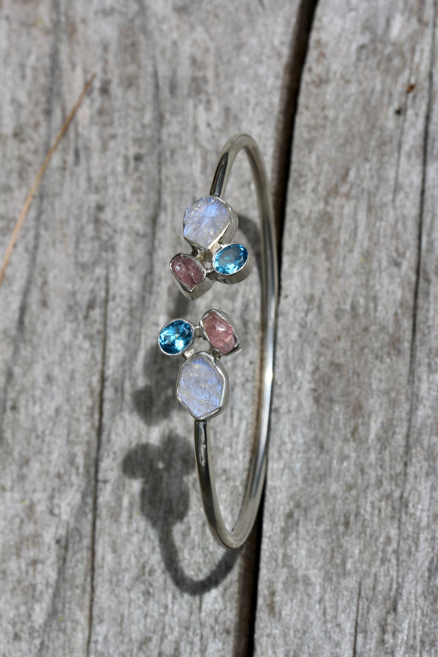 Rainbow Moonstone Blue Topaz Rose Quartz Silver Flex Bracelet