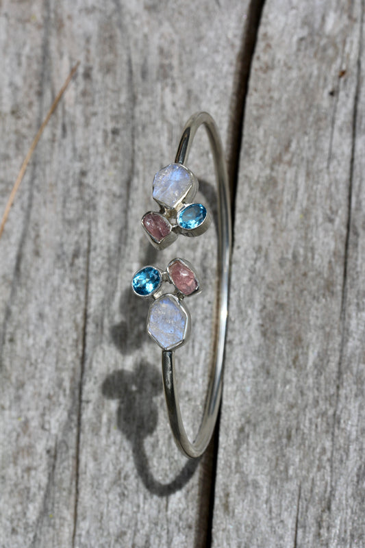 Rainbow Moonstone Blue Topaz Rose Quartz Silver Flex Bracelet