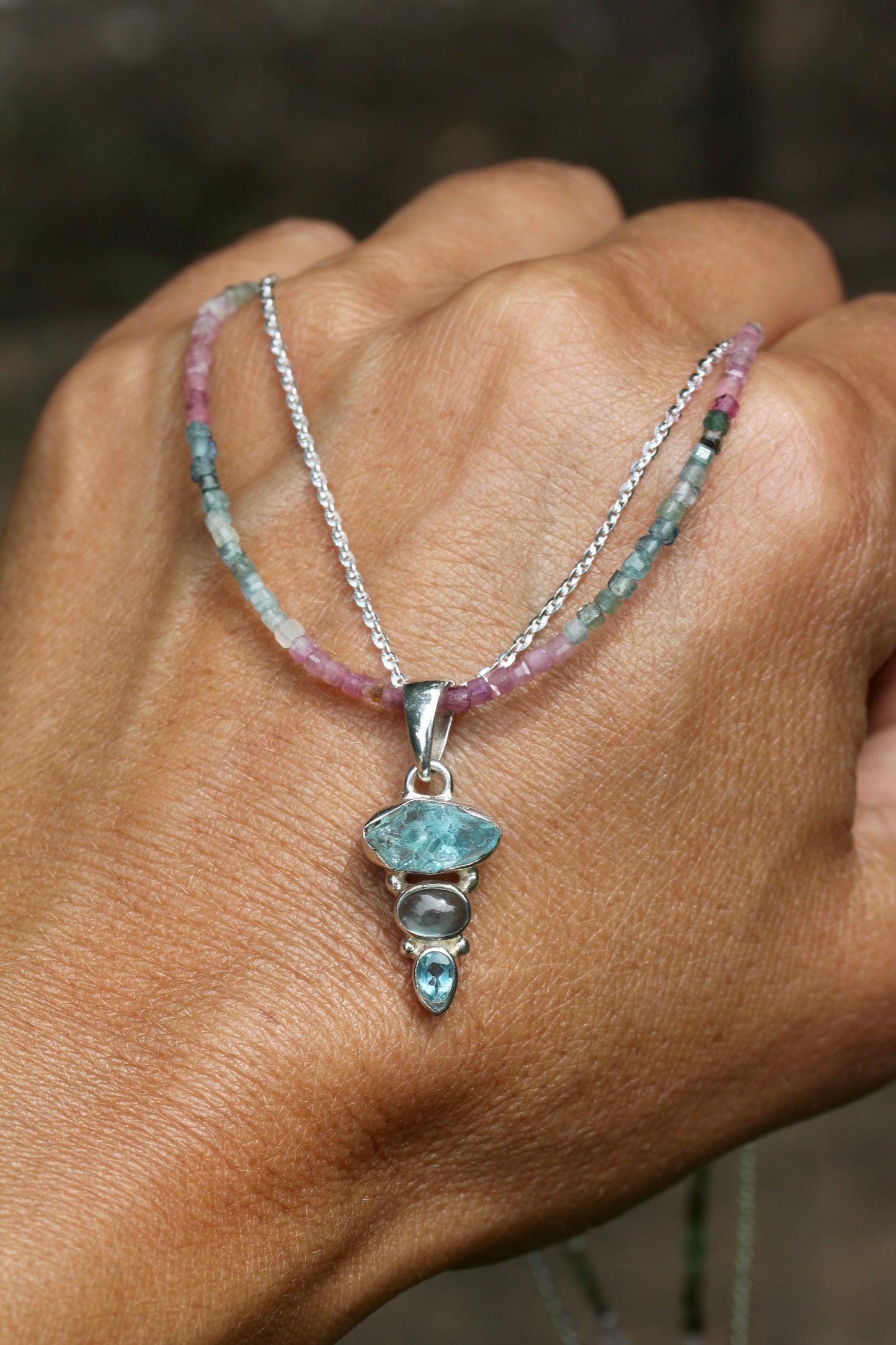 Blue Apatite Tourmaline Multi Strand Necklace