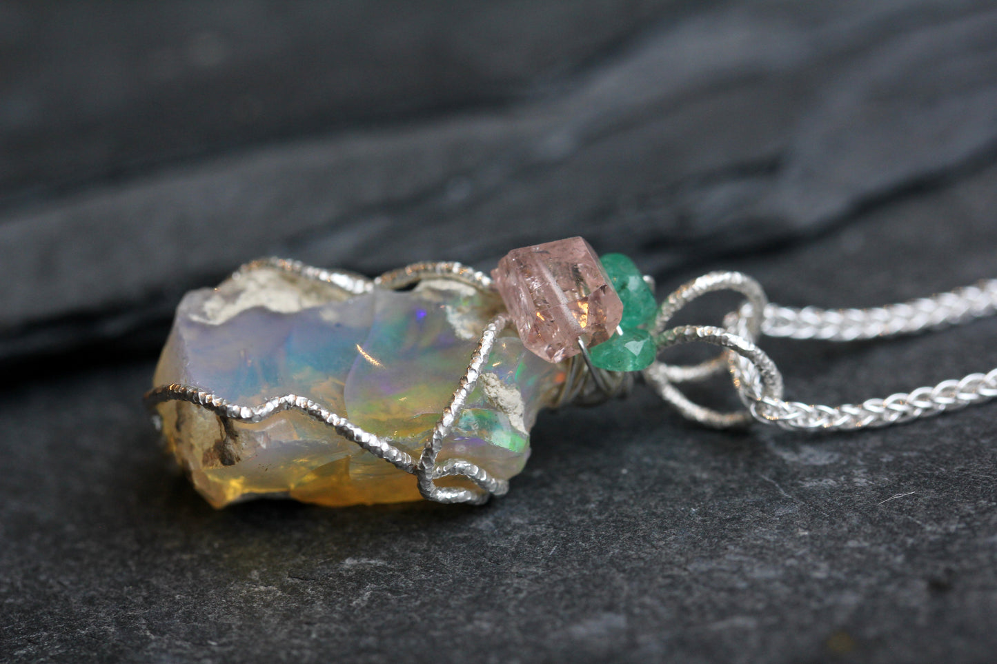 Rough Opal Tourmaline Emerald Pendant