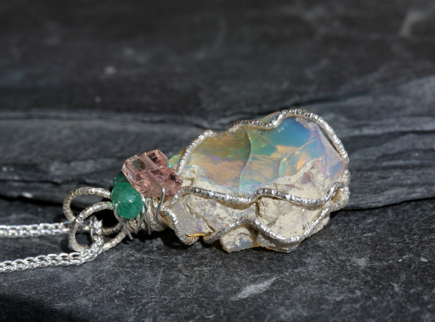 Rough Opal Tourmaline Emerald Pendant