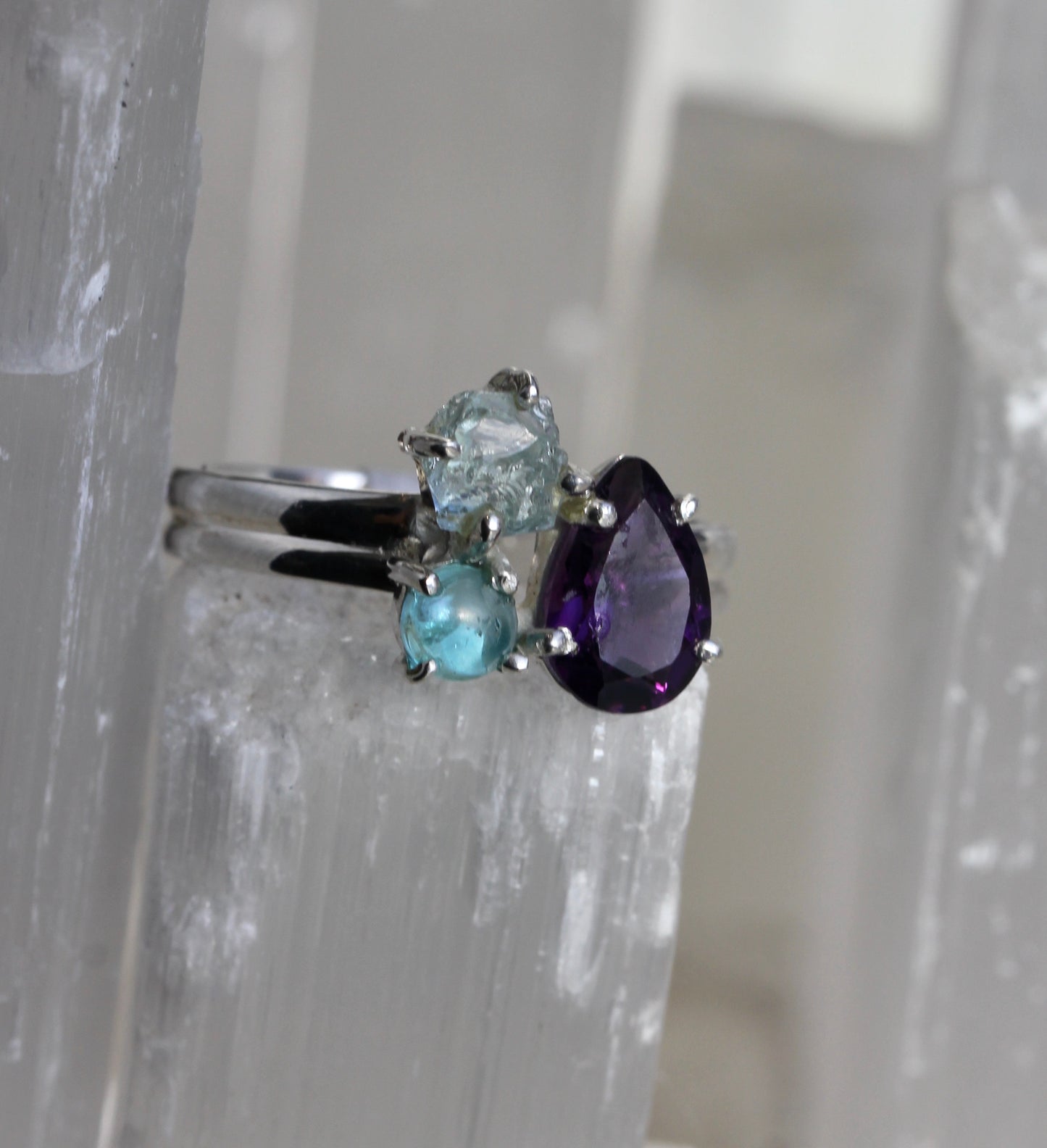 Amethyst Aquamarine Blue Apatite Ring
