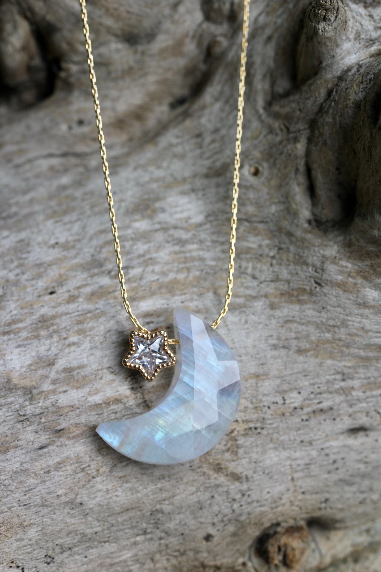 Rainbow Moonstone Moon Star Necklace
