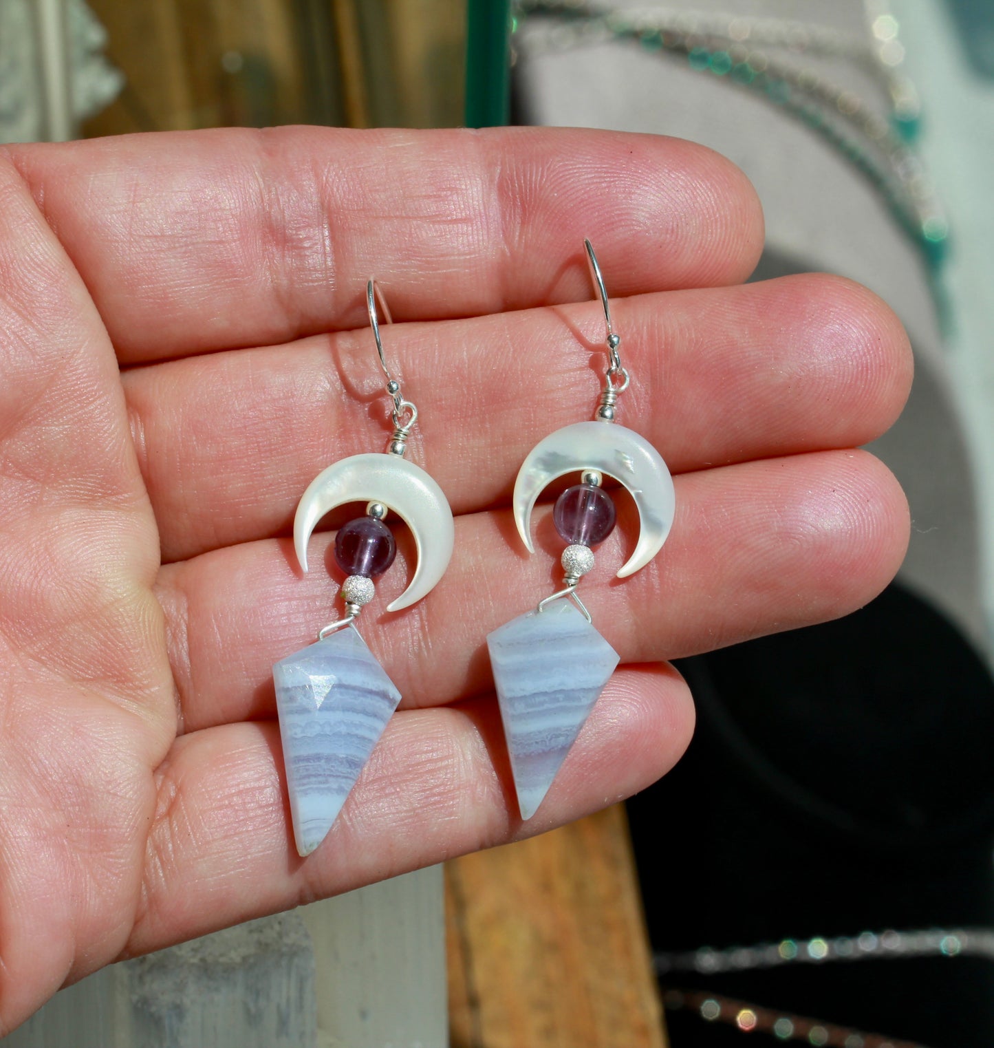 Blue Lace Agate Mother of Pearl Amethyst Crescent Moon Earrings