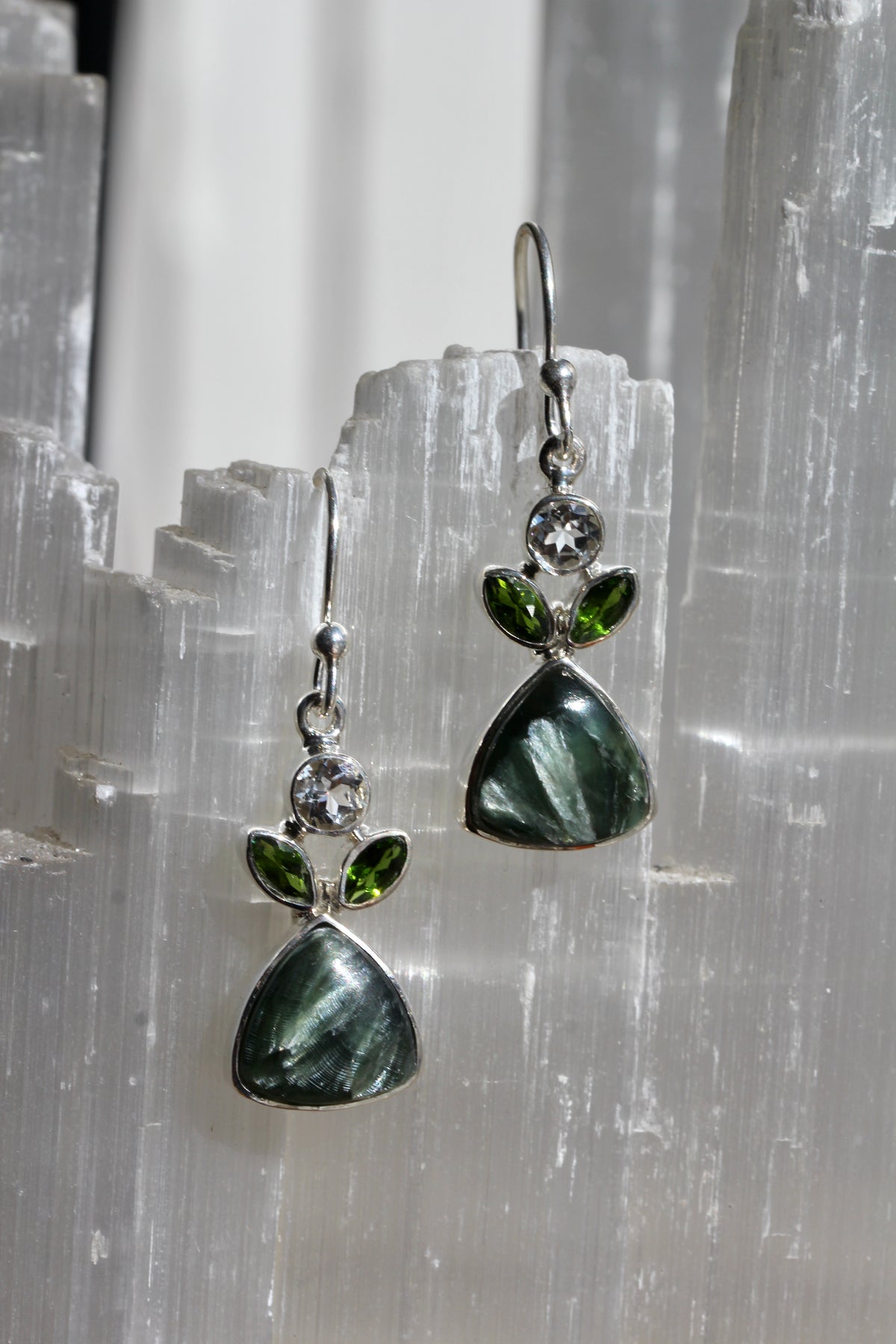 Seraphinite Diopside Topaz Tri Leaf Earrings