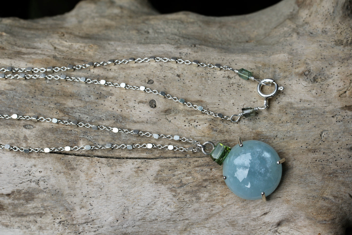 Aquamarine Green Tourmaline Cabochon Silver Necklace