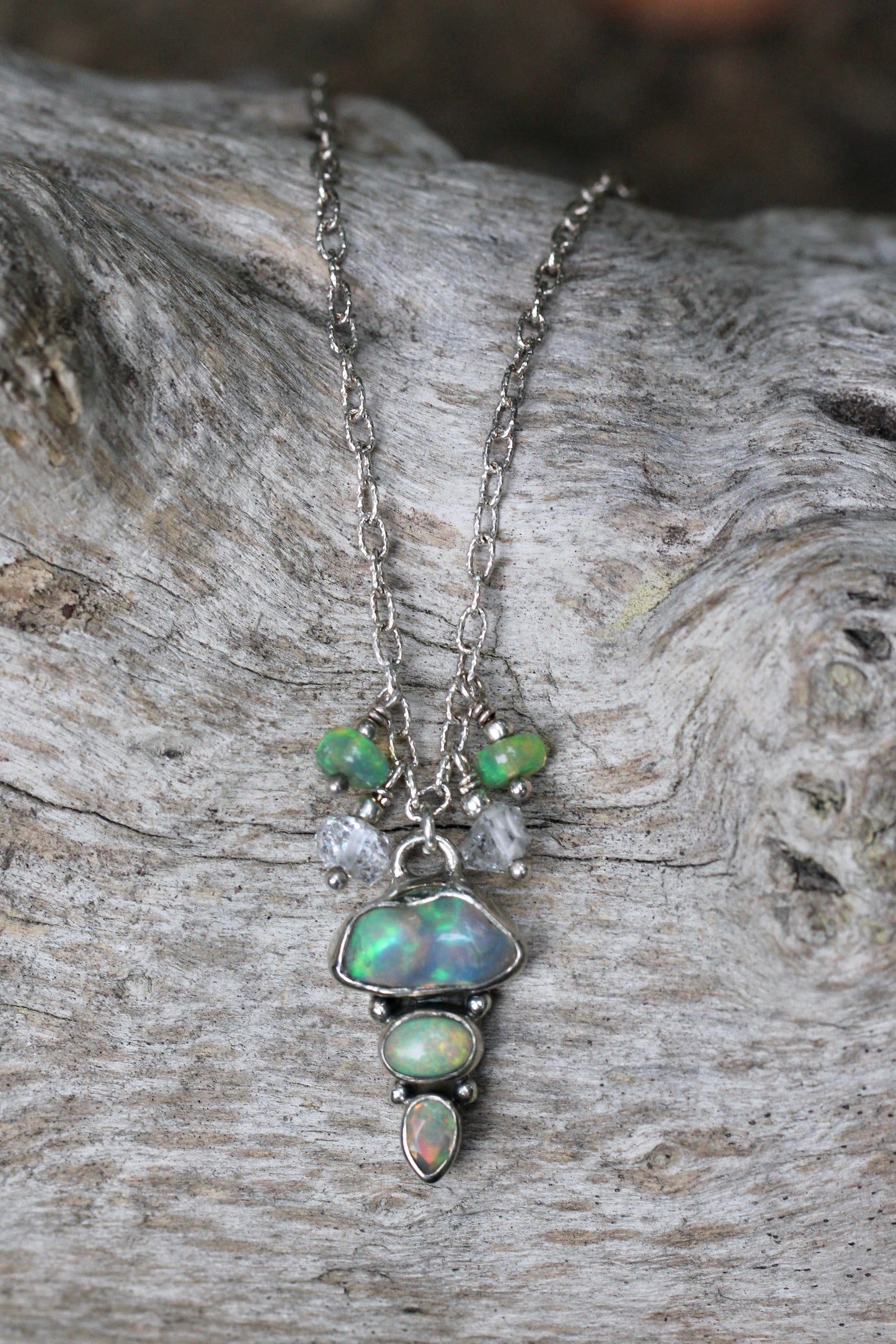 Ethiopian Opal Herkimer Diamond Droplet Silver Necklace