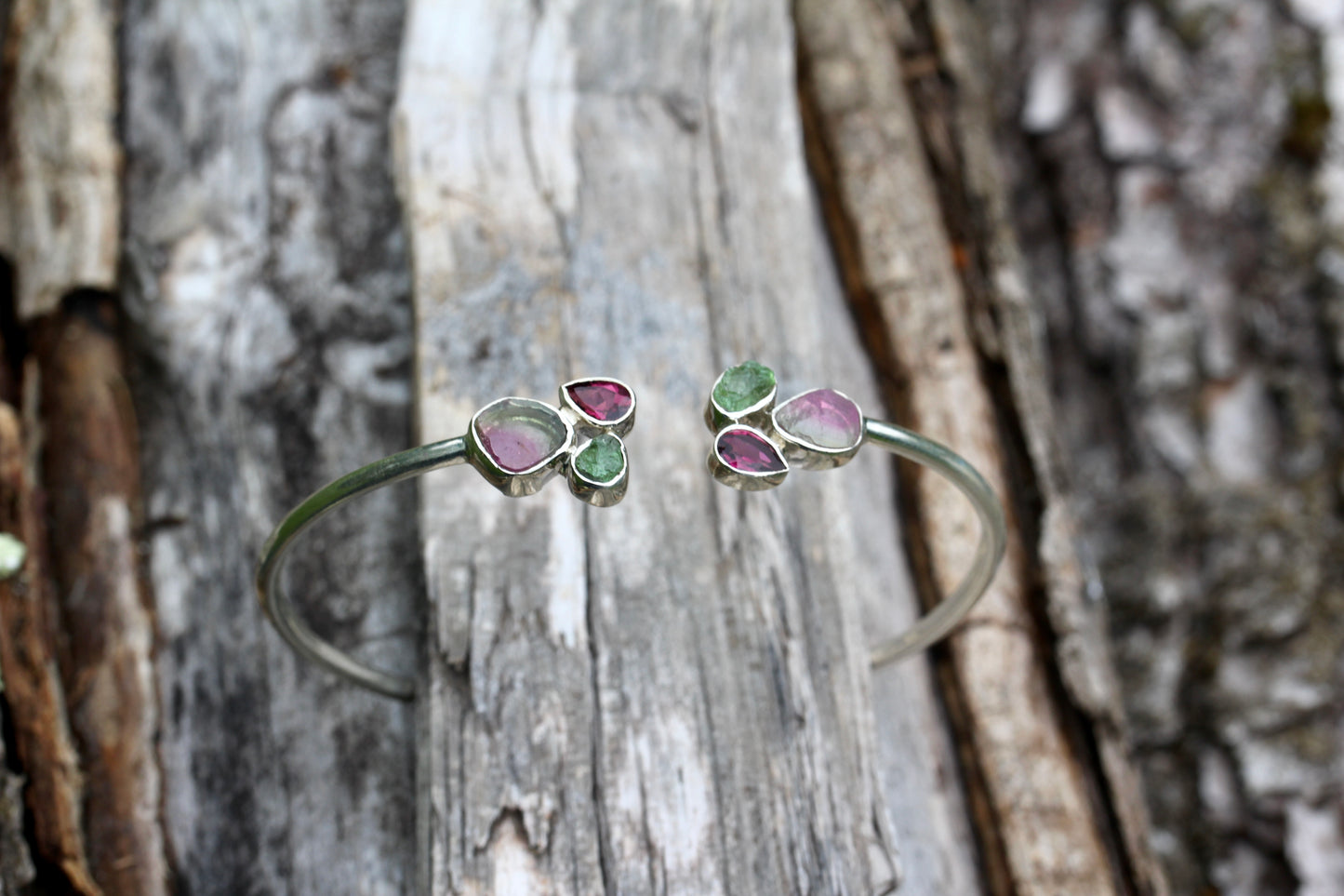 Watermelon Tourmaline Cluster Silver Bracelet