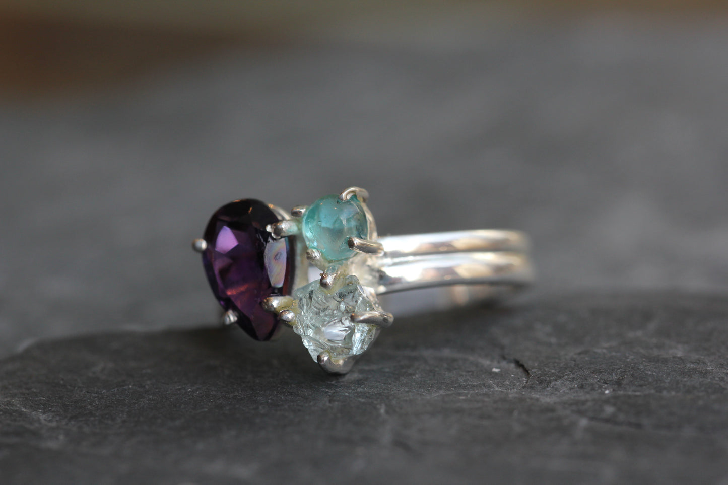 Amethyst Aquamarine Blue Apatite Ring