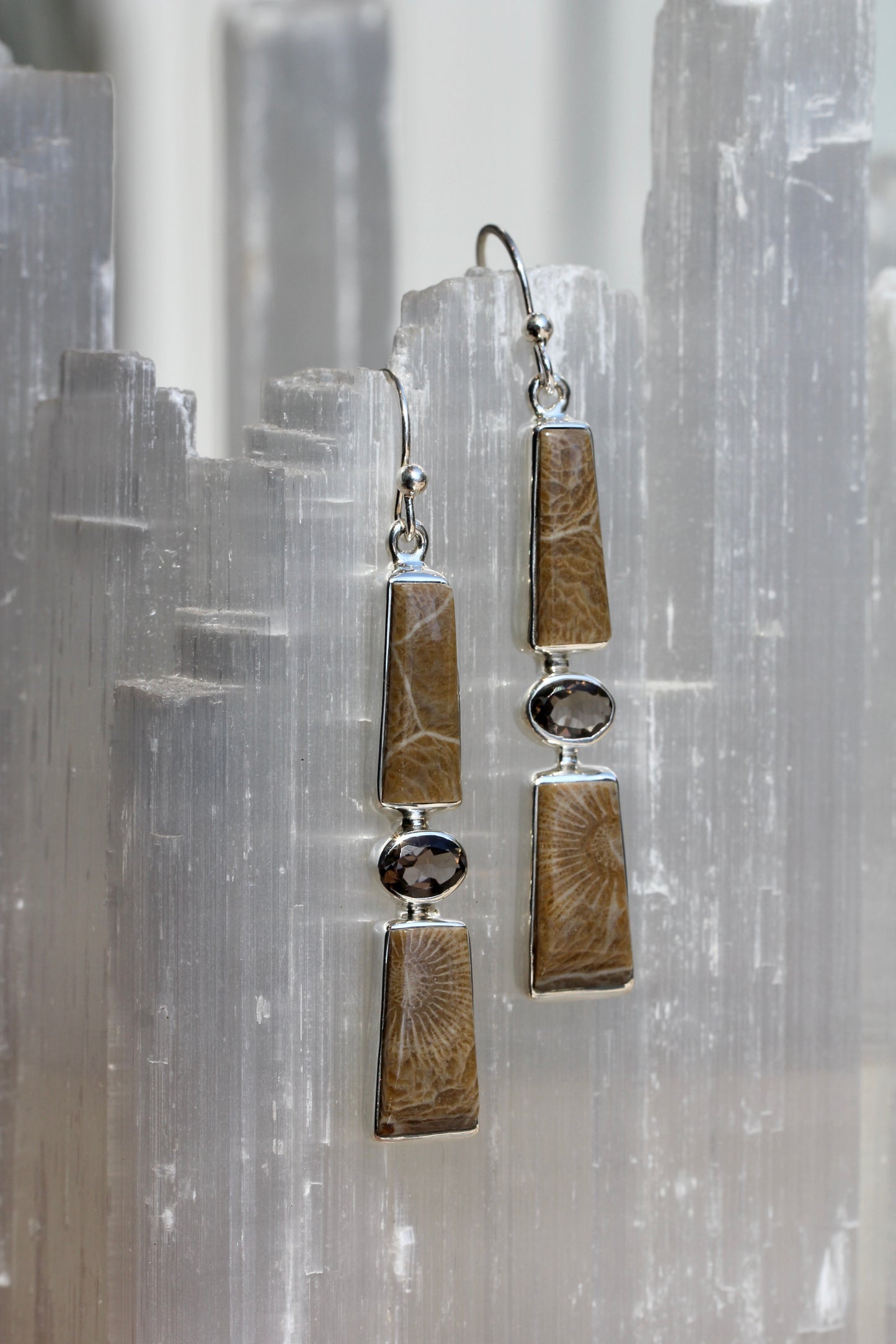 Fossil Coral Smokey Quartz Earrings