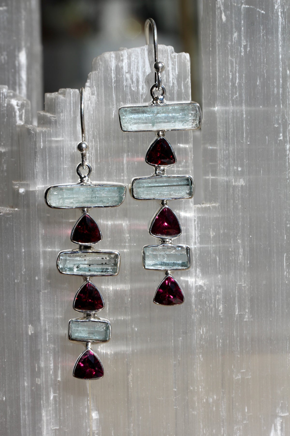 Aquamarine Crystal Garnet Stacked Earrings