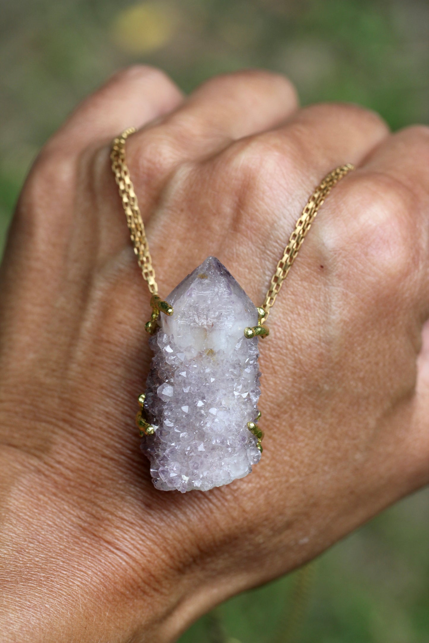 Cactus Amethyst Crystal Brass Necklace