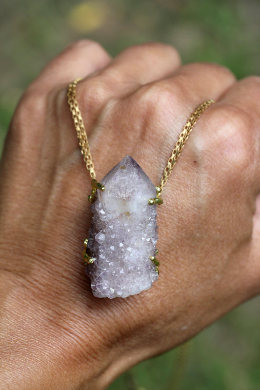 Cactus Amethyst Crystal Brass Necklace
