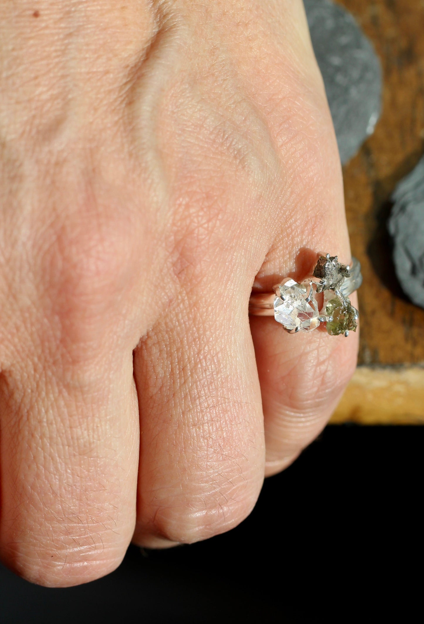 Moldavite Pakimer Diamond Meteorite Ring