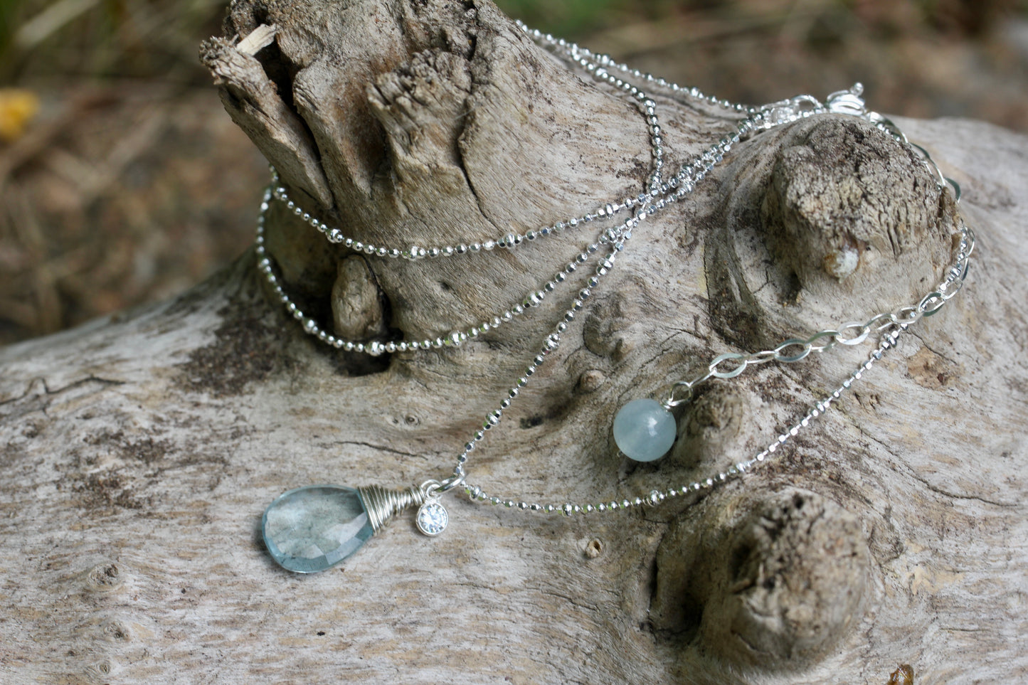 Aquamarine CZ Silver Teardrop Necklace