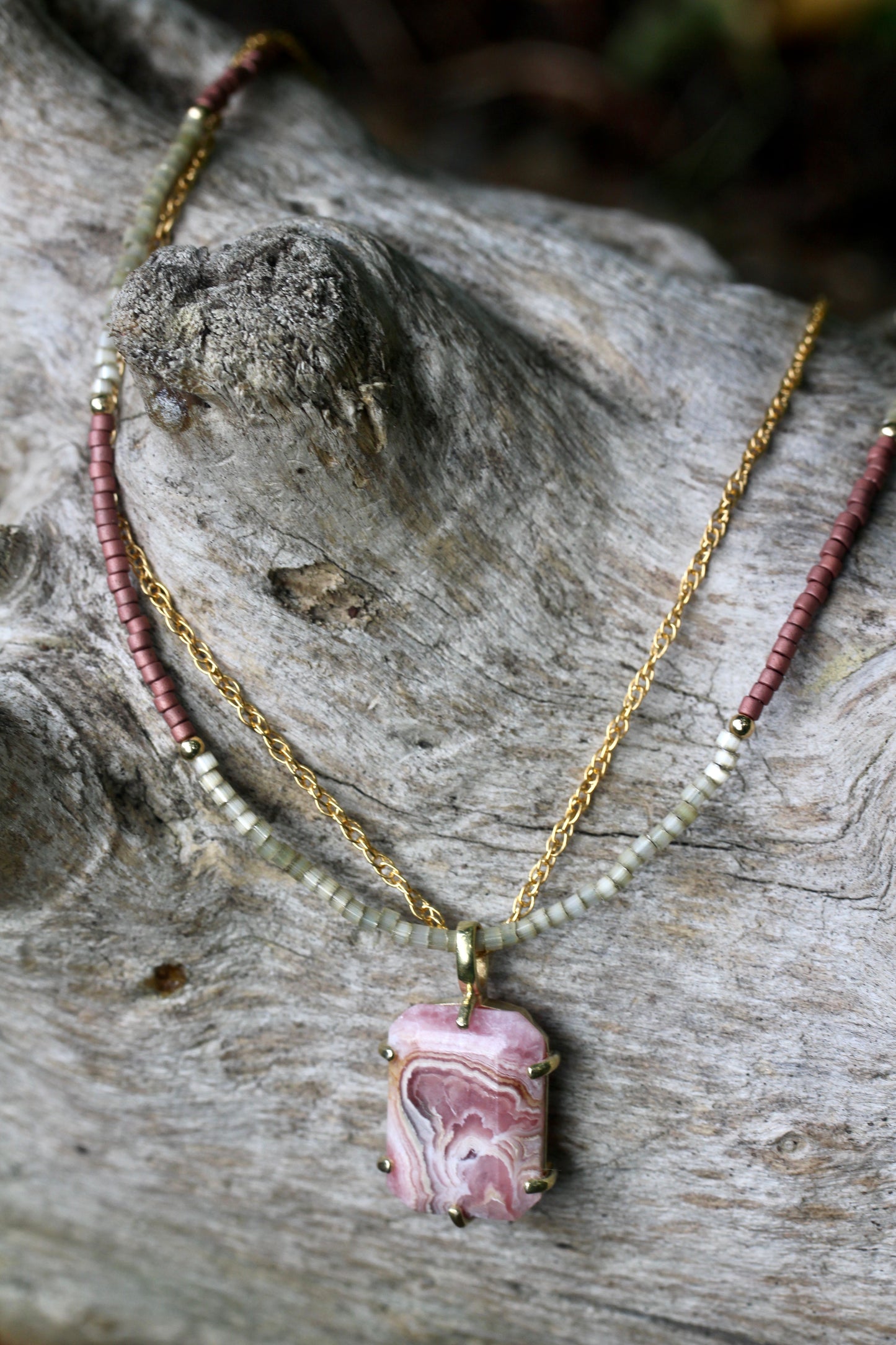 Rhodochrosite Delica Glass Bead Multi Strand Necklace