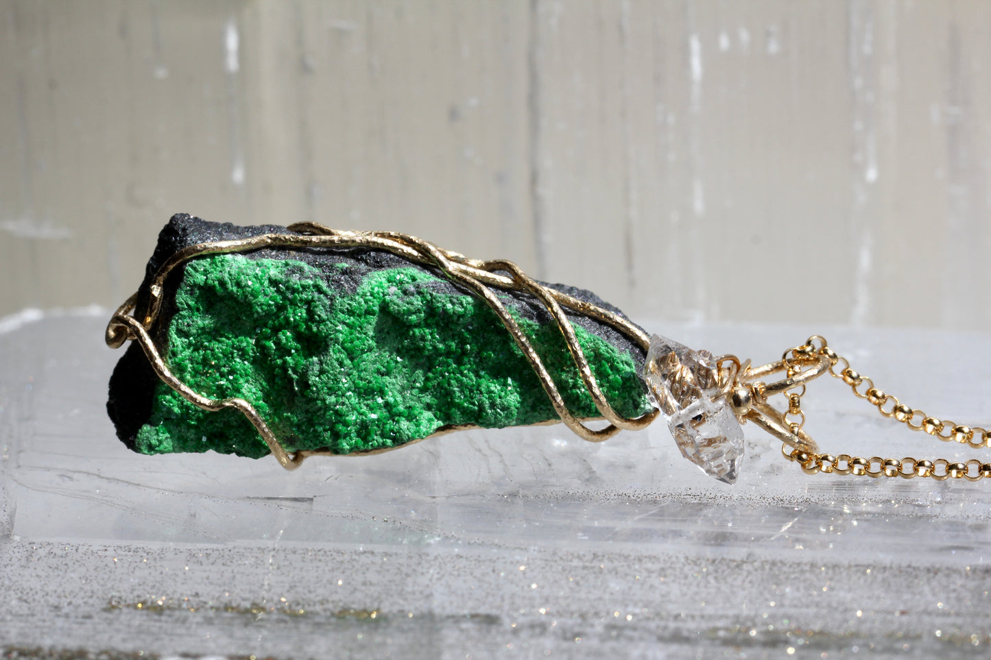 Uvarovite Druzy Pendant with Herkimer Diamond