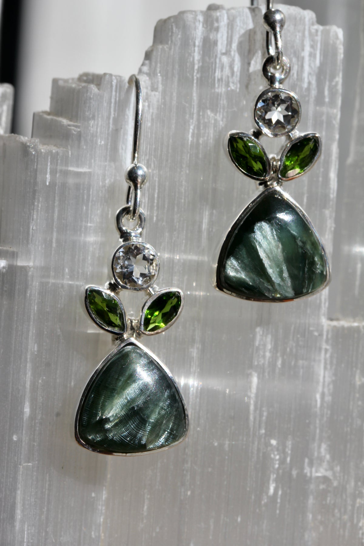 Seraphinite Diopside Topaz Tri Leaf Earrings
