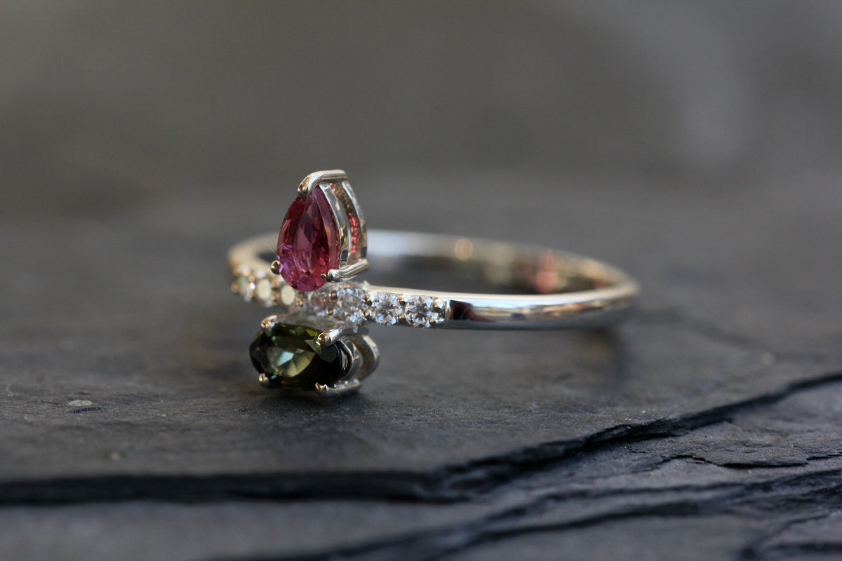 Pink and Green Tourmaline Moissanite Ring
