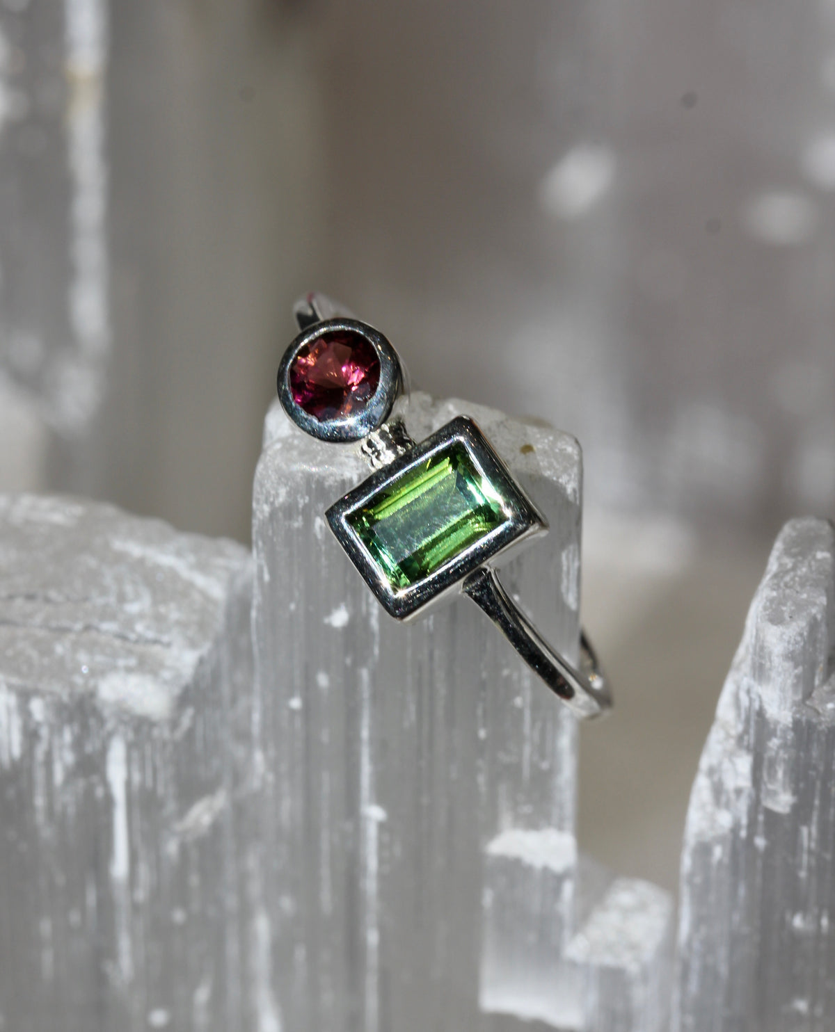 Pink and Green Tourmaline Silver Ring
