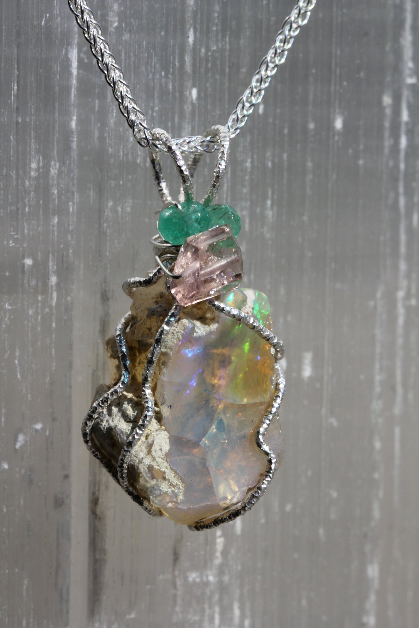 Rough Opal Tourmaline Emerald Pendant