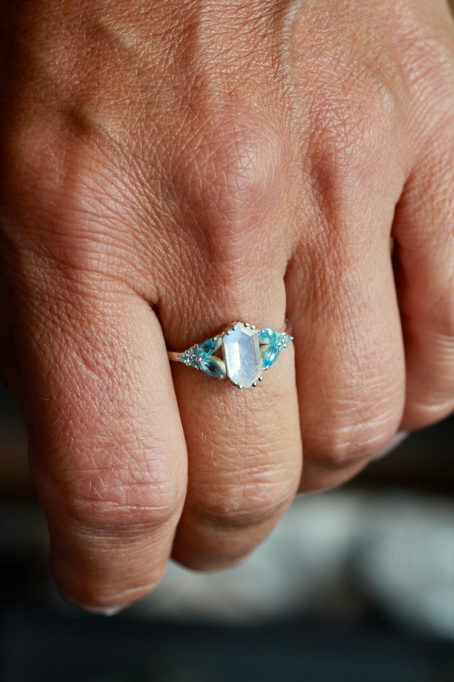Rainbow Moonstone Blue Topaz Fairy Tale Ring