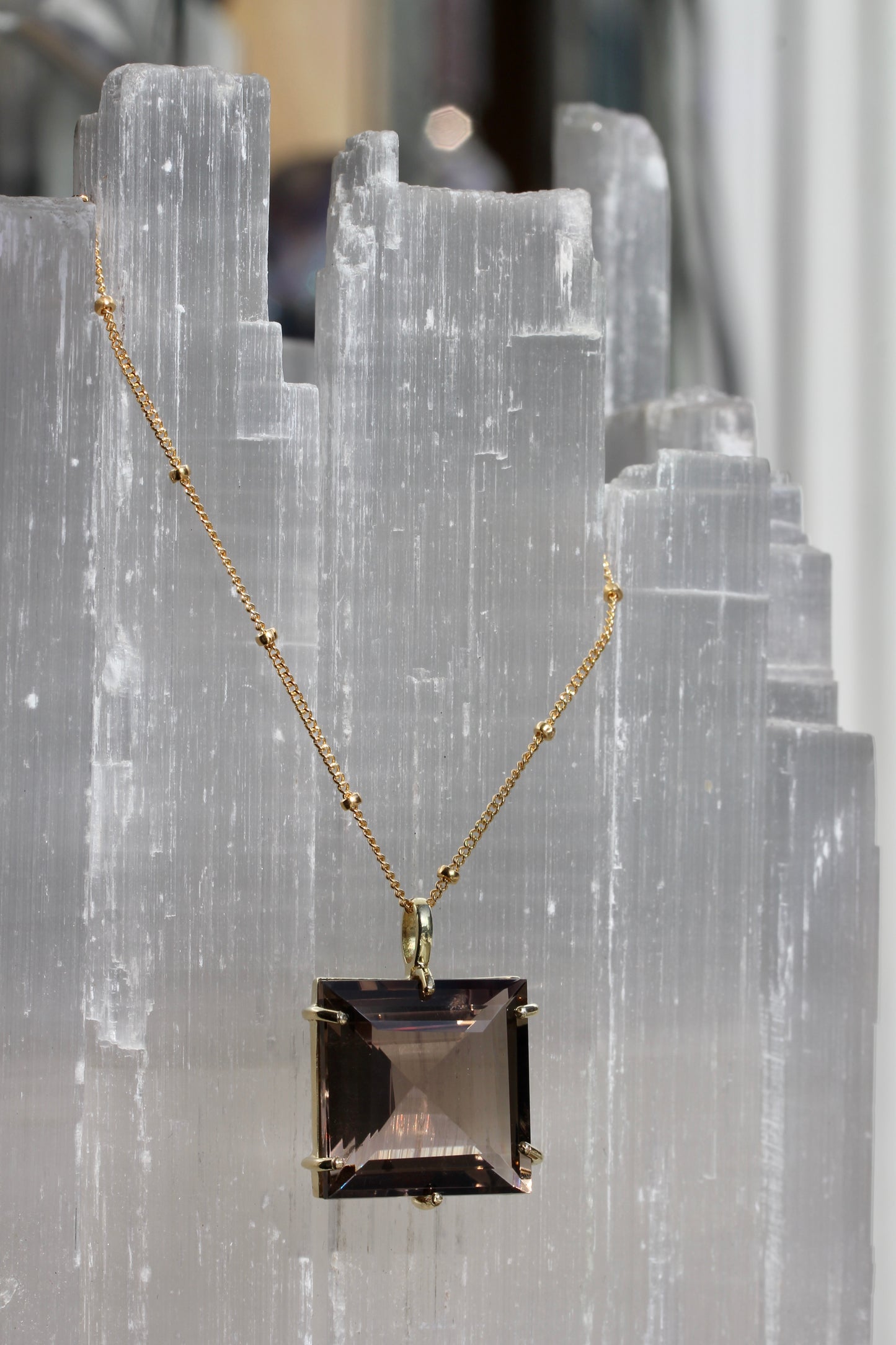 Smokey Quartz Princess Cut Gold Necklace