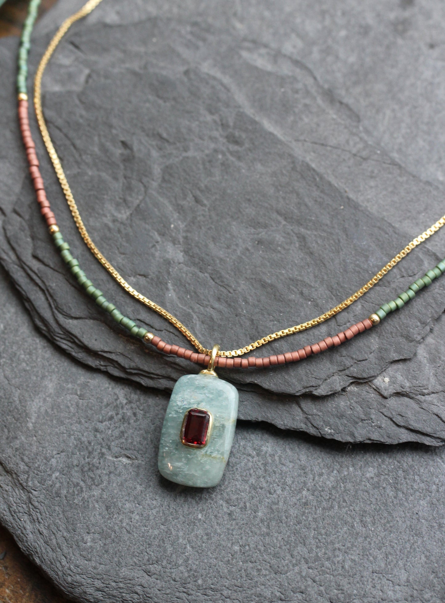 Aquamarine Garnet Beaded Gold Necklace