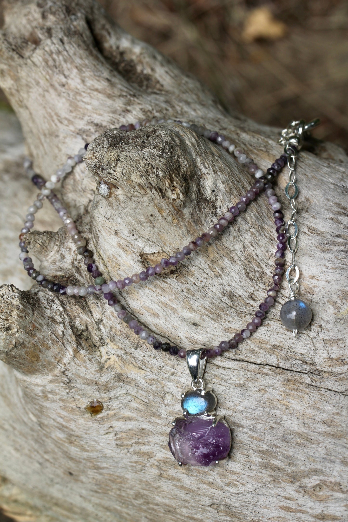 Rough Amethyst Labradorite Charoite Beaded Necklace