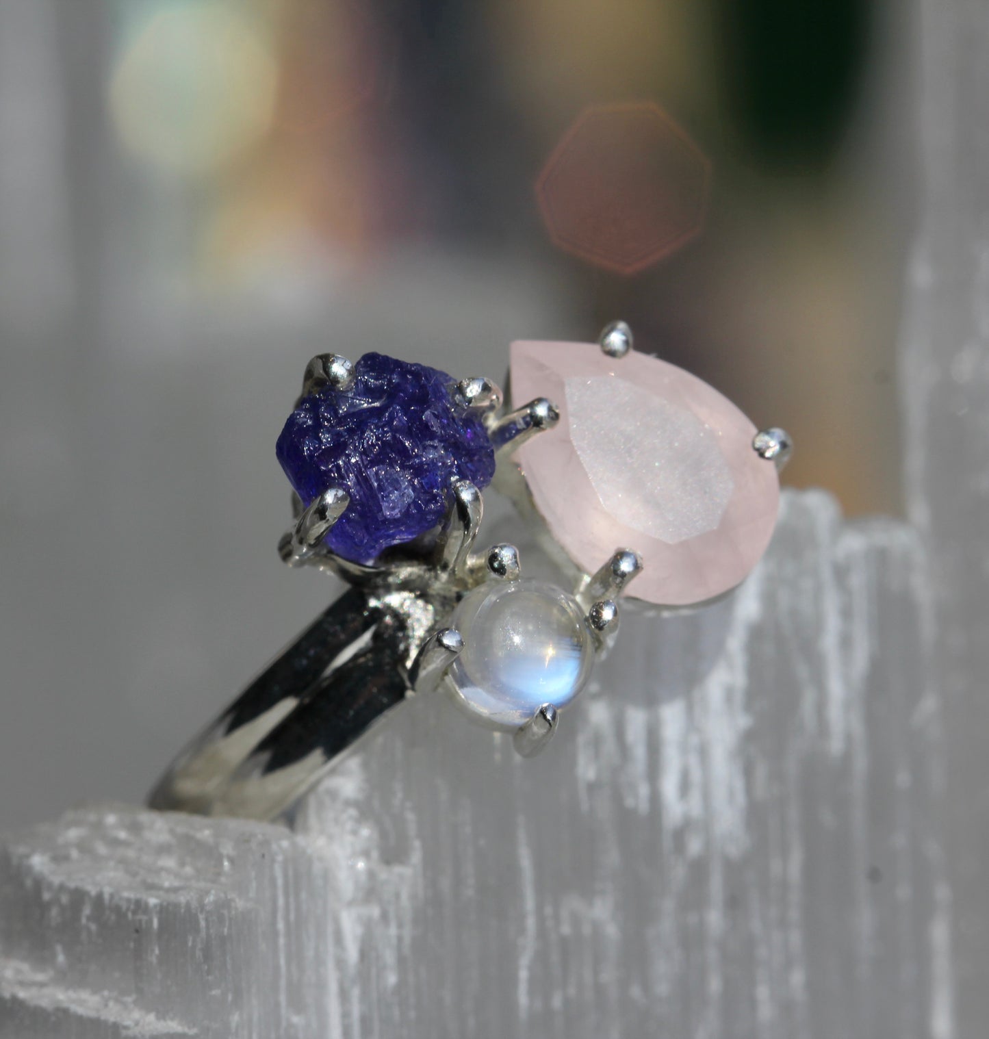 Rose Quartz Tanzanite Rainbow Moonstone Ring