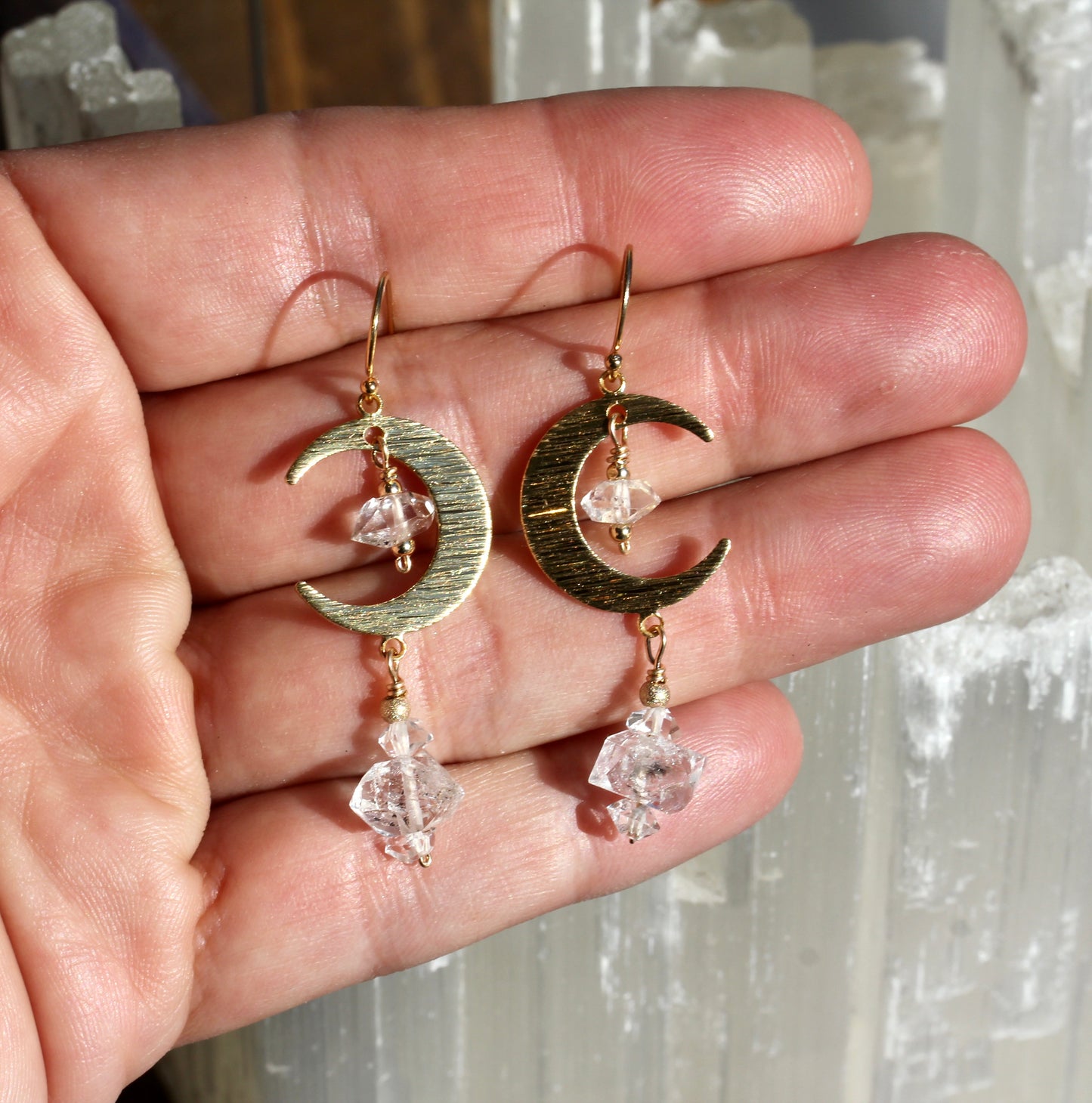 Brass Moon Quartz Crystal Moon Earrings